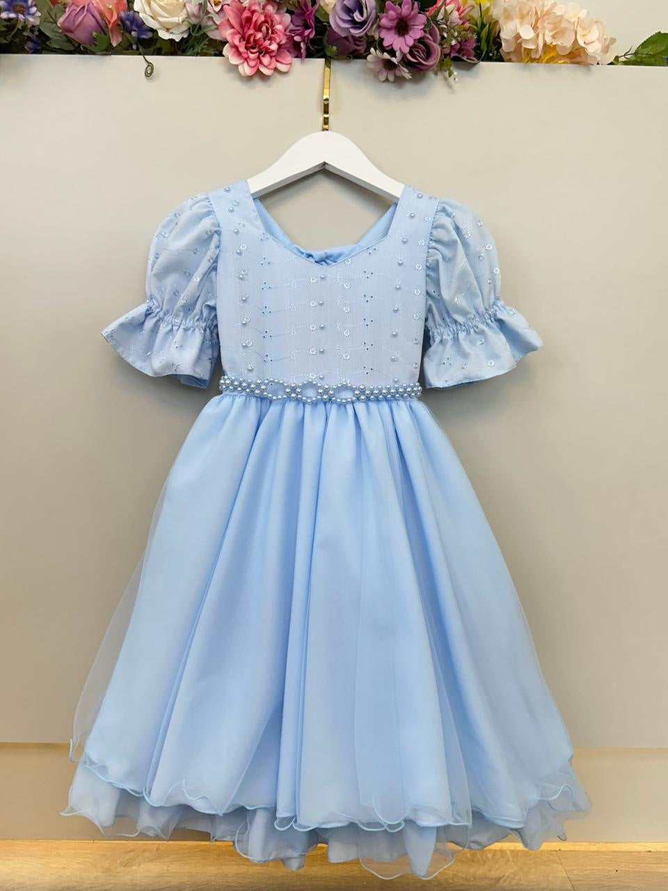Vestido Infantil Azul Busto Bordado Daminhas Festas Luxo