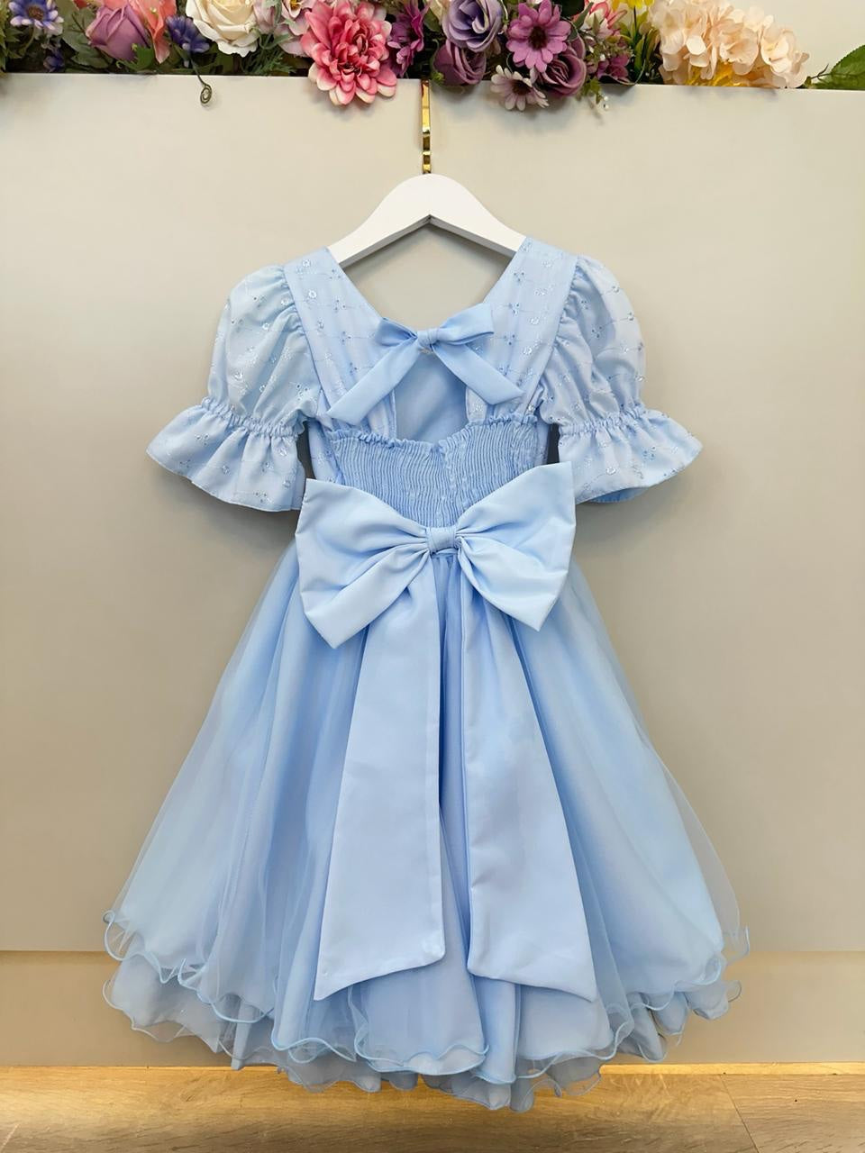 Vestido Infantil Azul Busto Bordado Daminhas Festas Luxo