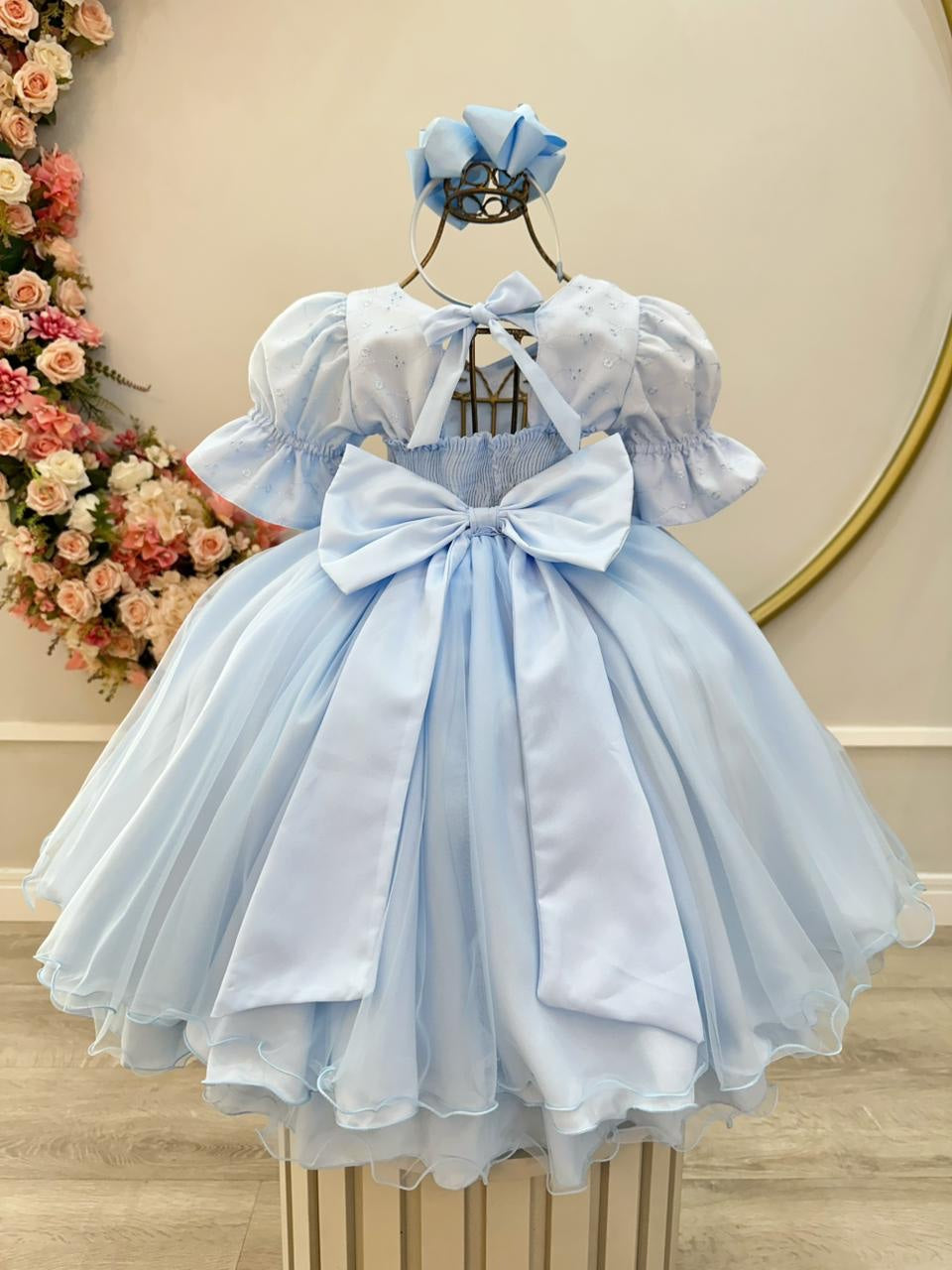 Vestido Infantil Azul Busto Bordado Daminhas Festas Luxo