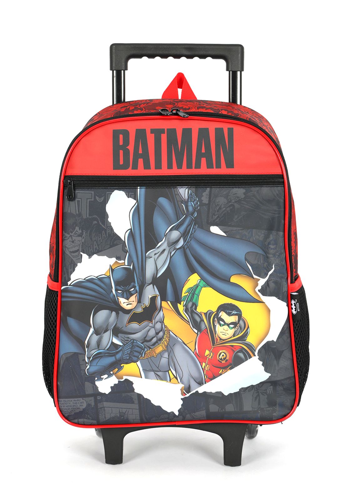 Mochila Infantil C/ Rodinhas Batman e Robin Preta e Vermelha