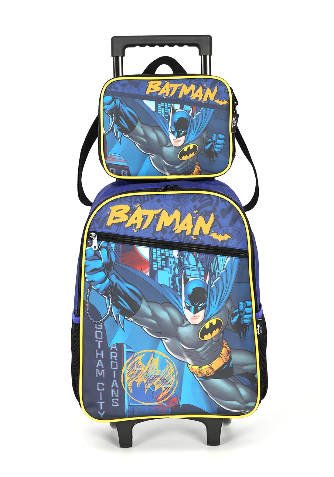 Kit Mochila Infantil Rodinhas + Lancheira do Batman Preta e Azul