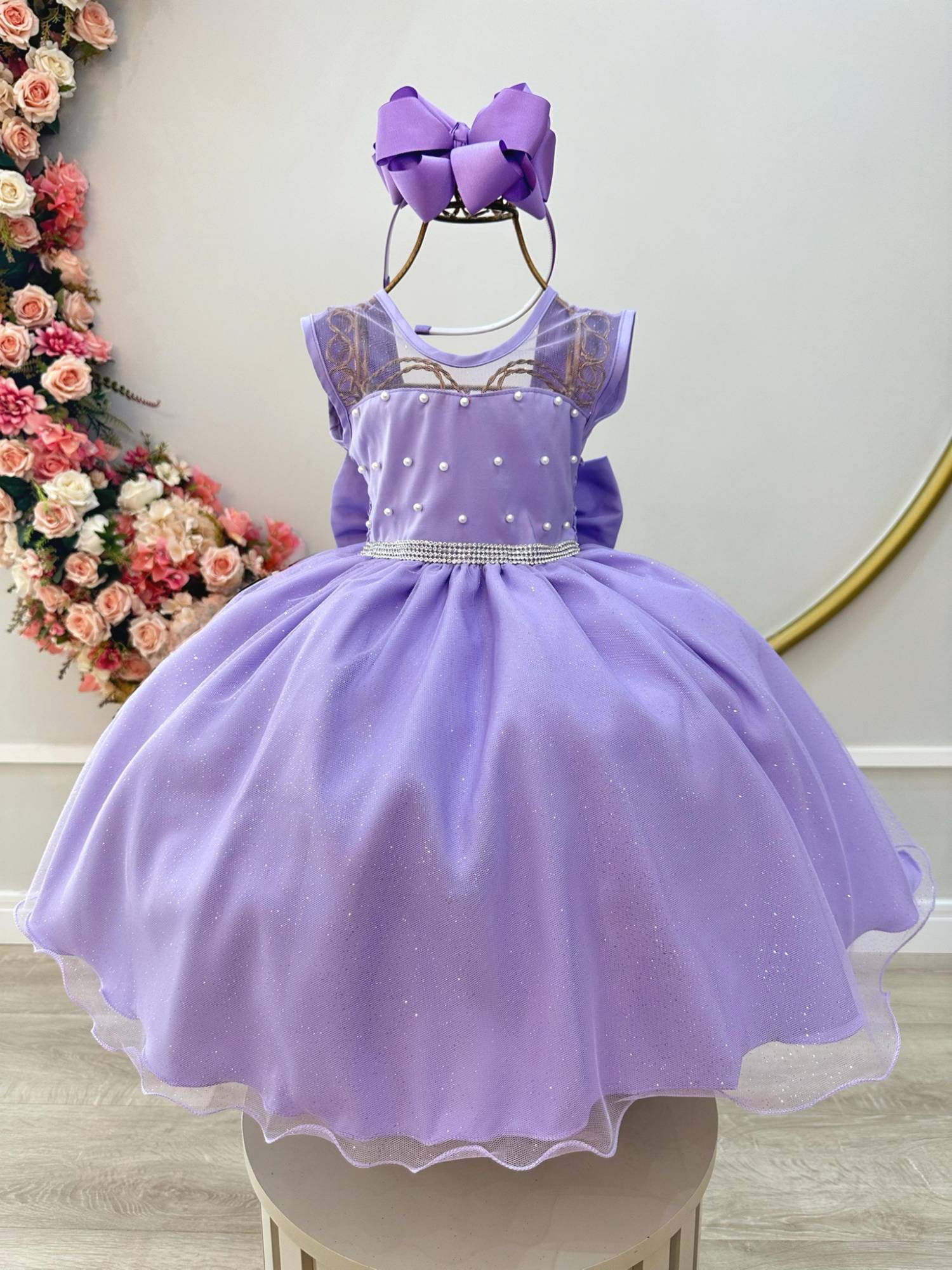Vestido Infantil Lilás com Pérolas Saia C/ Glitter Daminhas
