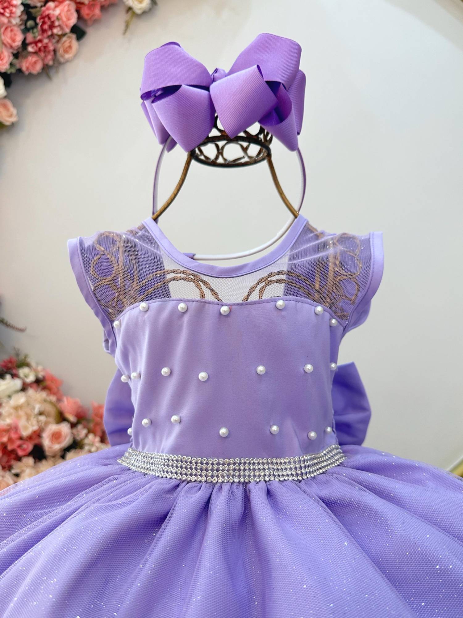 Vestido Infantil Lilás com Pérolas Saia C/ Glitter Daminhas