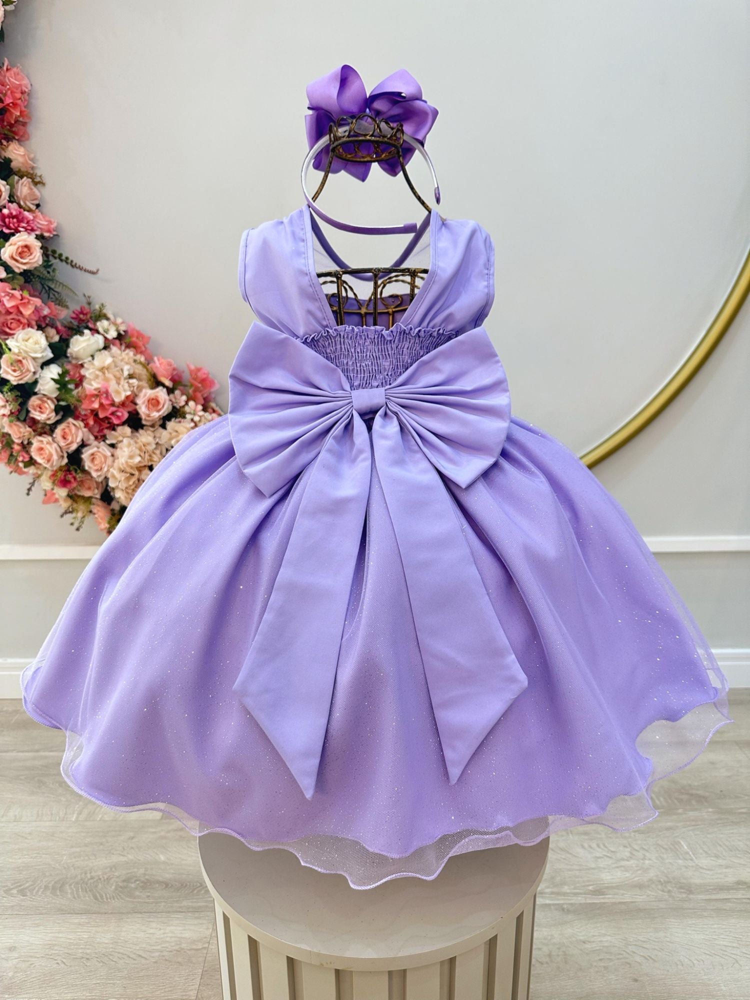 Vestido Infantil Lilás com Pérolas Saia C/ Glitter Daminhas