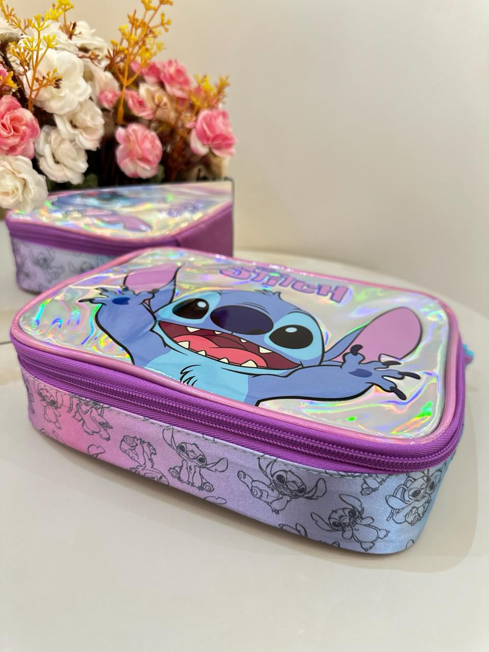 Kit Infantil Mochila rodinhas + Estojo do Lilo Stitch e Angel Roxo