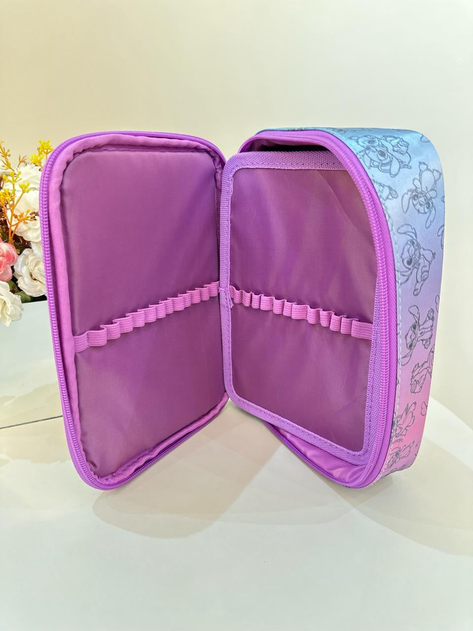 Kit Infantil Mochila rodinhas + Estojo do Lilo Stitch e Angel Roxo