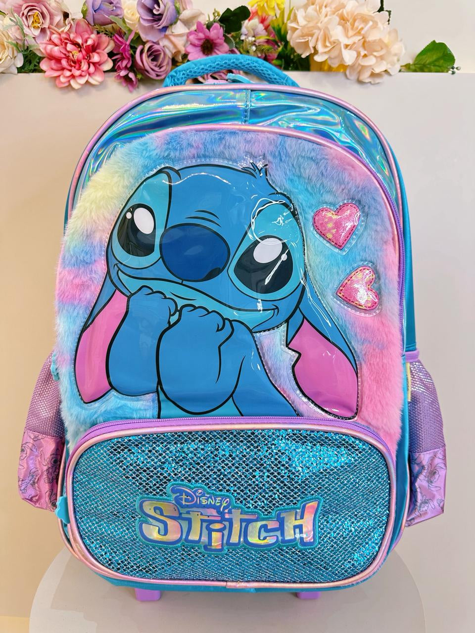 Kit Infantil Mochila rodinhas + Estojo do Lilo Stitch e Angel Azul