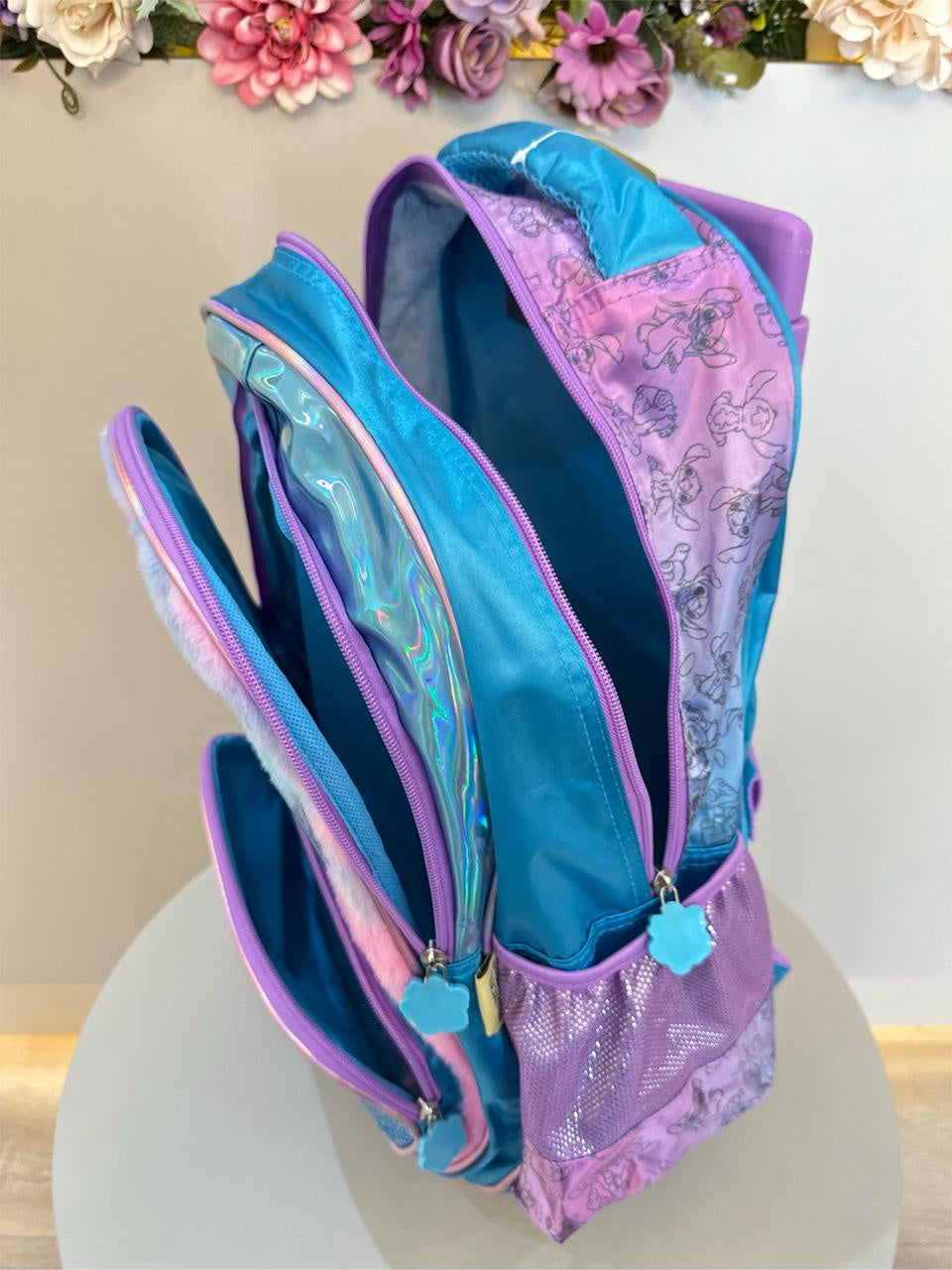 Kit Infantil Mochila rodinhas + Estojo do Lilo Stitch e Angel Azul