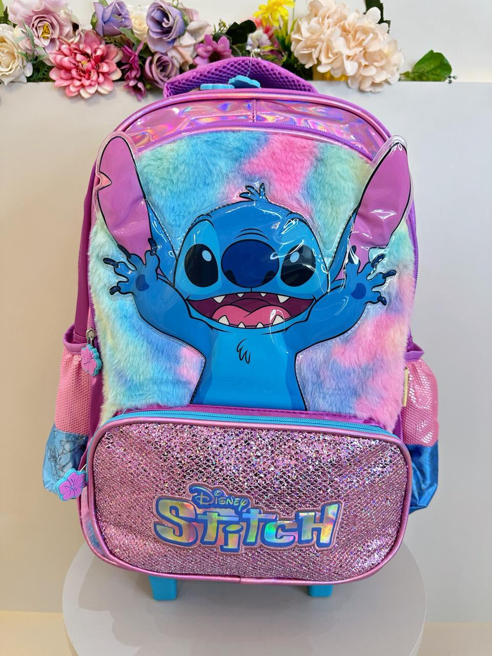 Kit Infantil Mochila rodinhas + Estojo do Lilo Stitch e Angel Roxo