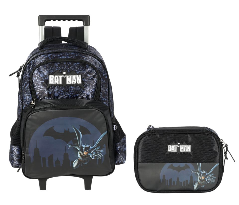 Kit Mochila Infantil Rodinhas Batman + Estojo Preta e Azul