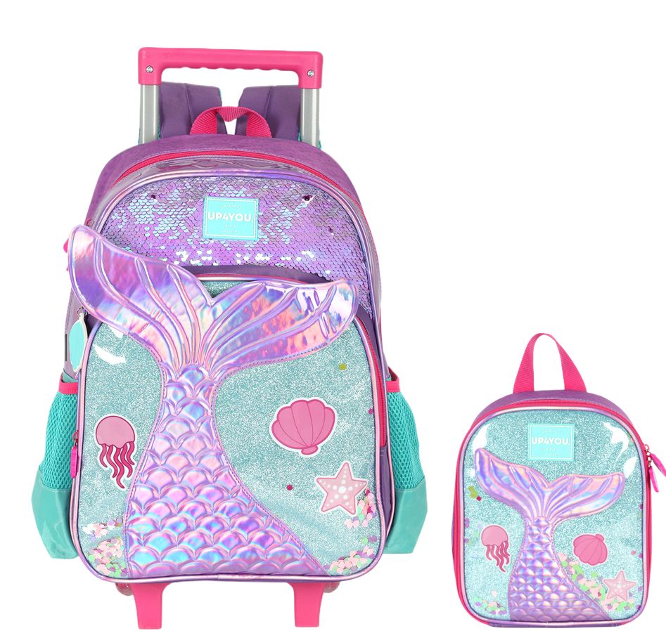 Kit Mochila Infantil Rodinhas + Lancheira Roxo Sereia Up4you