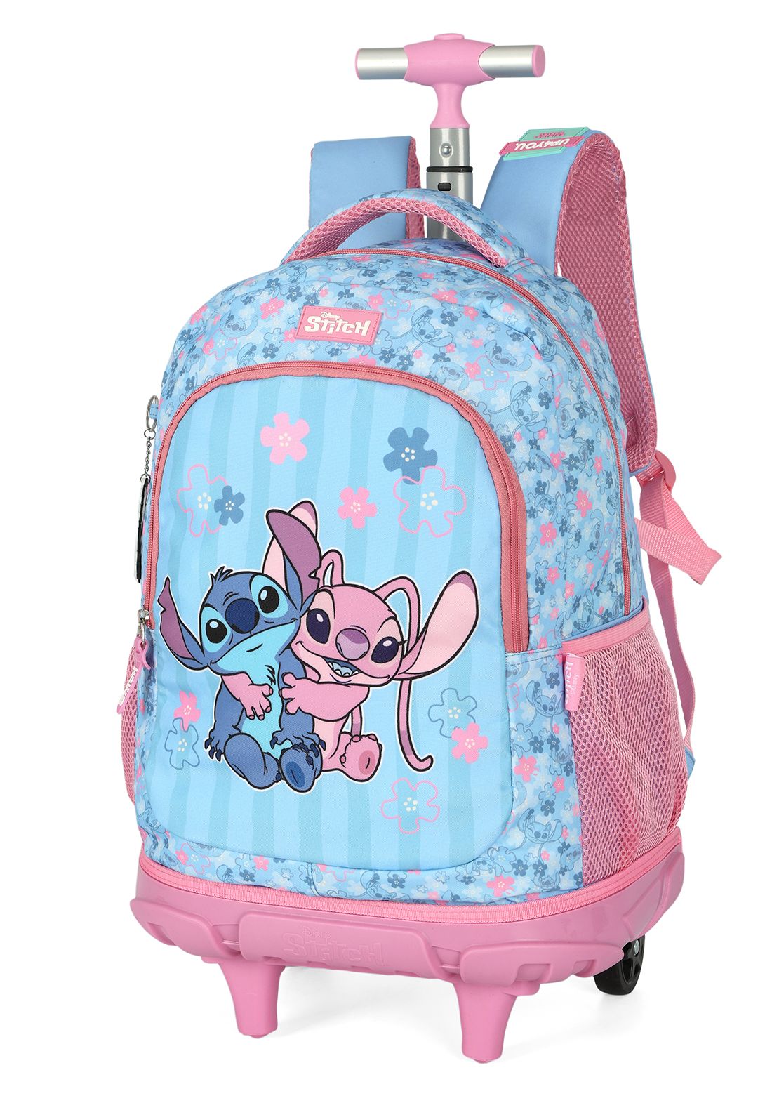 Kit Mochila C/ Rodinhas + Estojo + Lancheira do Lilo Stitch e Angel Rosa
