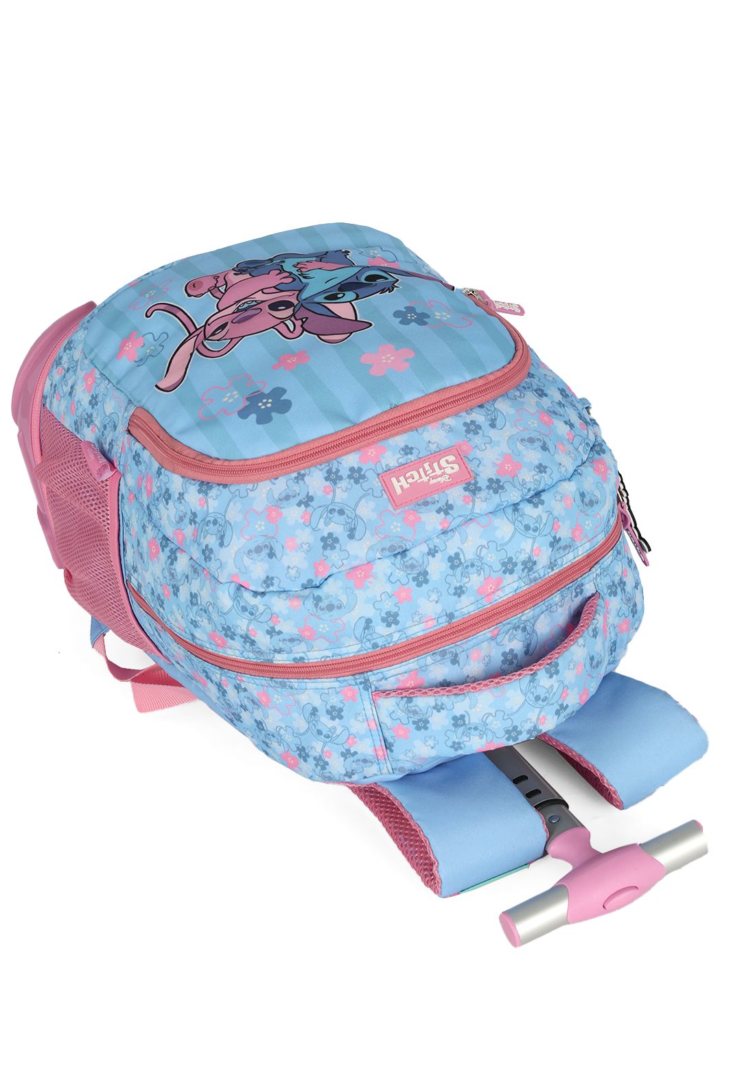 Kit Mochila C/ Rodinhas + Estojo + Lancheira do Lilo Stitch e Angel Rosa