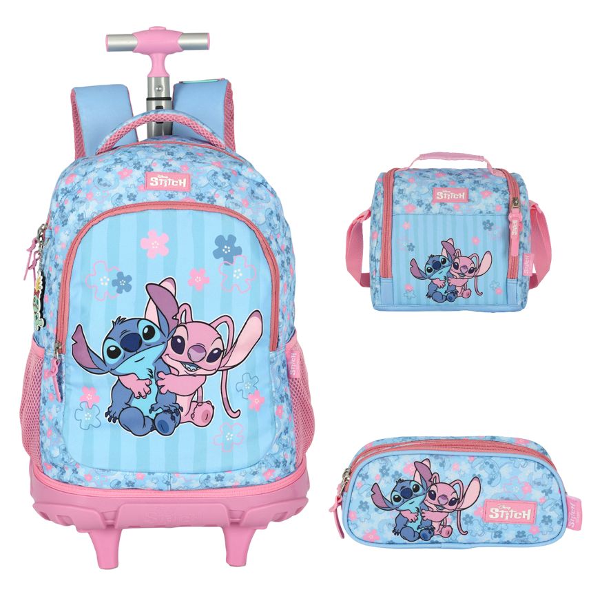 Kit Mochila C/ Rodinhas + Estojo + Lancheira do Lilo Stitch e Angel Rosa