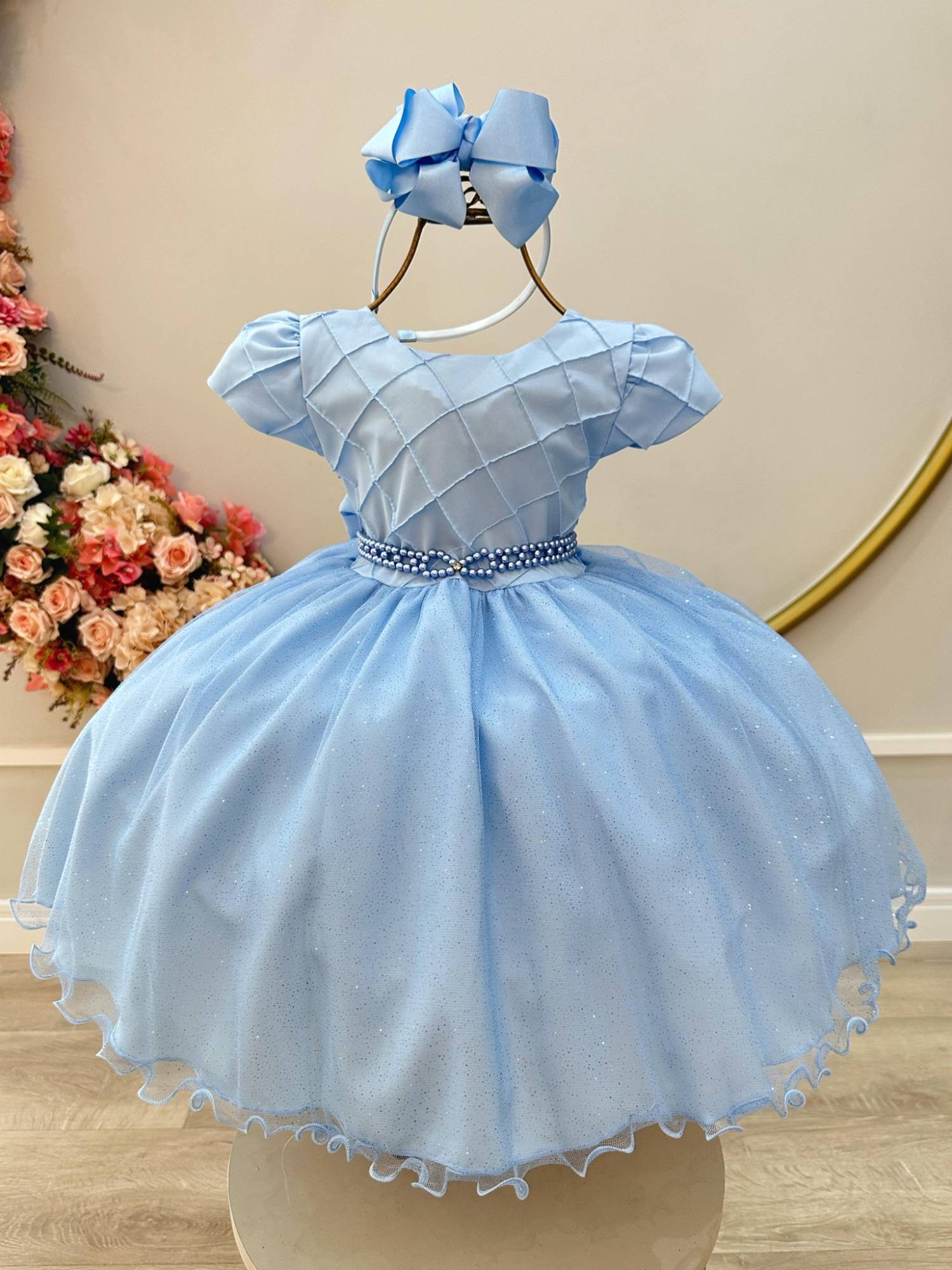 Vestido Infantil Azul Claro Busto Nervura Festas Daminhas