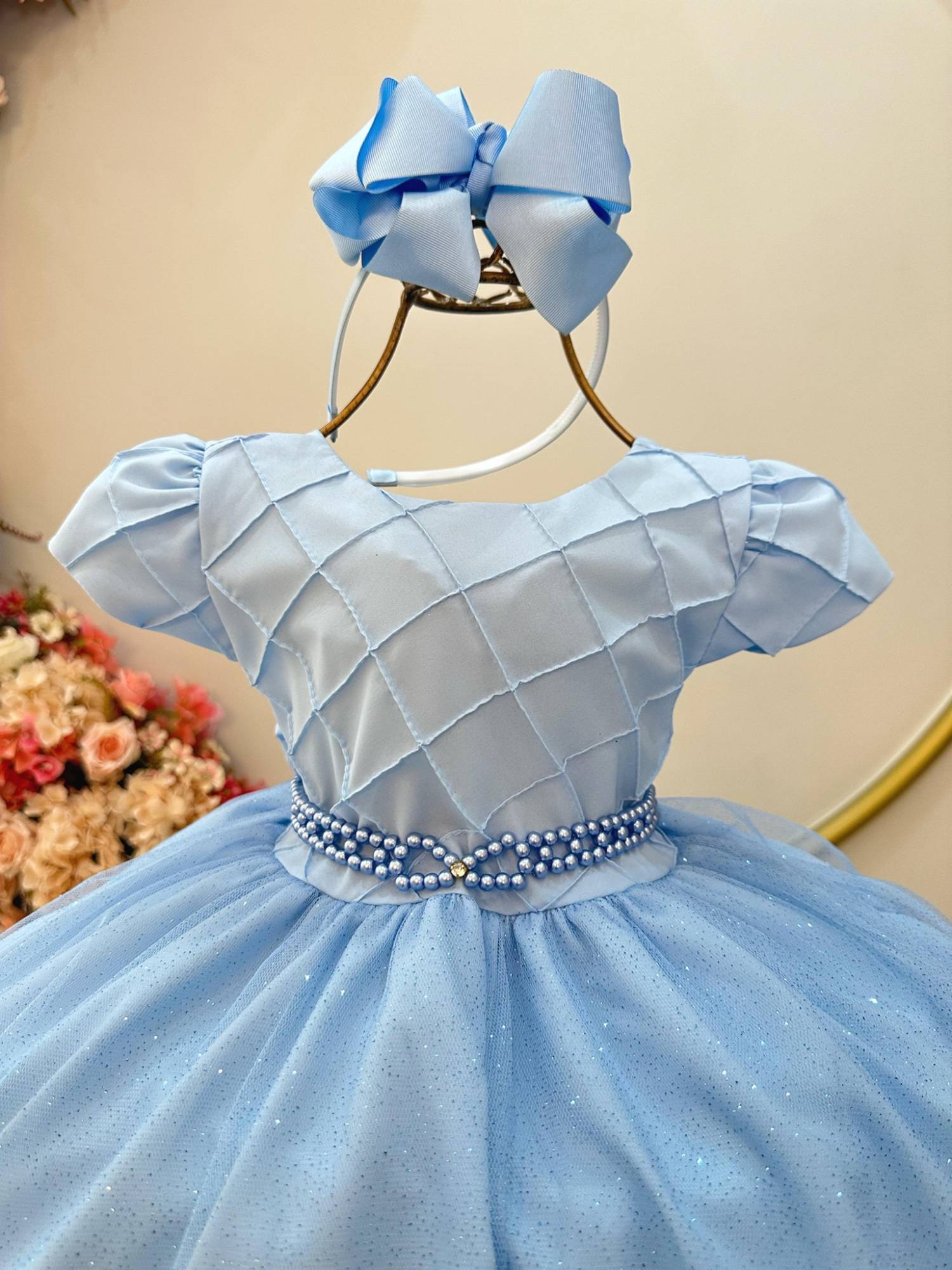 Vestido Infantil Azul Claro Busto Nervura Festas Daminhas