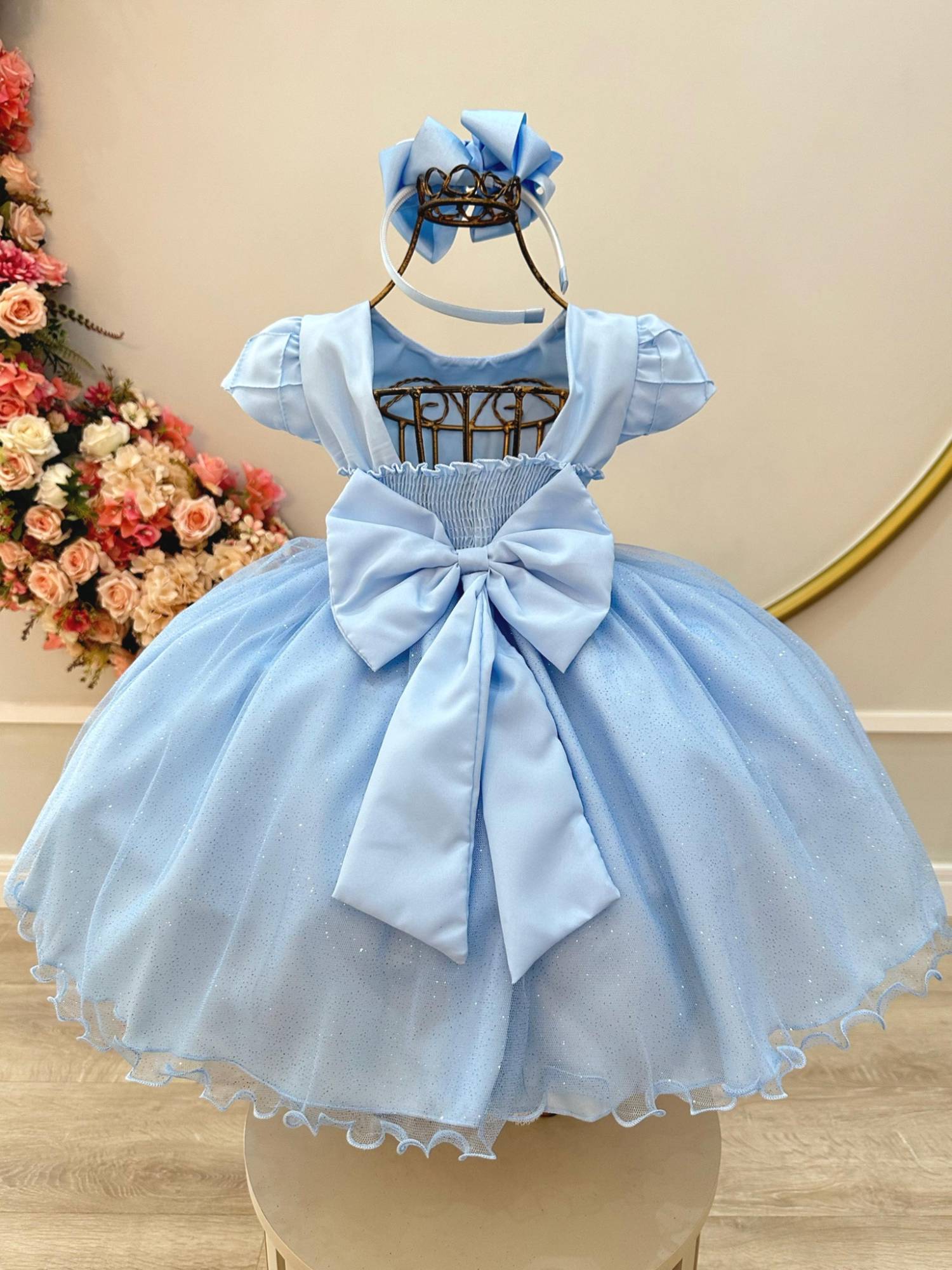 Vestido Infantil Azul Claro Busto Nervura Festas Daminhas