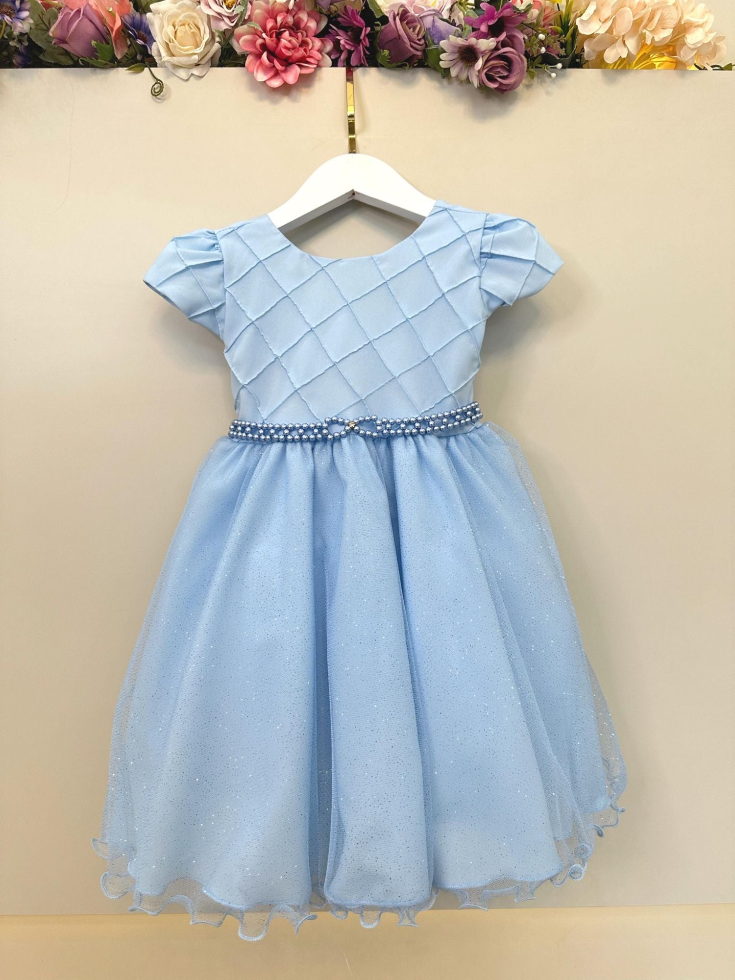 Vestido Infantil Azul Claro Busto Nervura Festas Daminhas