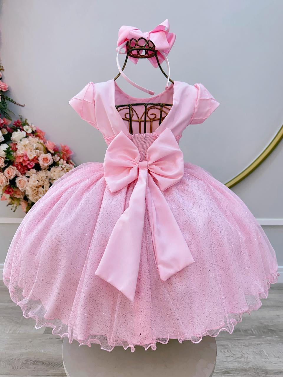 Vestido Infantil Rosa Claro C/ Busto Nervura Daminhas Festas