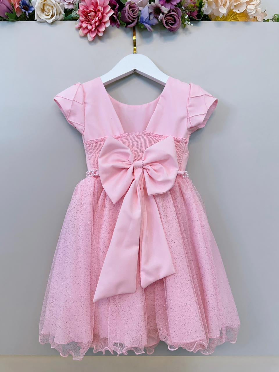 Vestido Infantil Rosa Claro C/ Busto Nervura Daminhas Festas