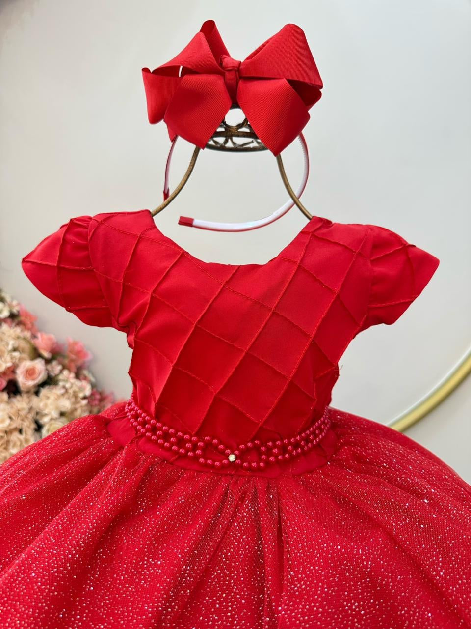 Vestido Infantil Vermelho C/ Busto Nervura Daminhas Festas
