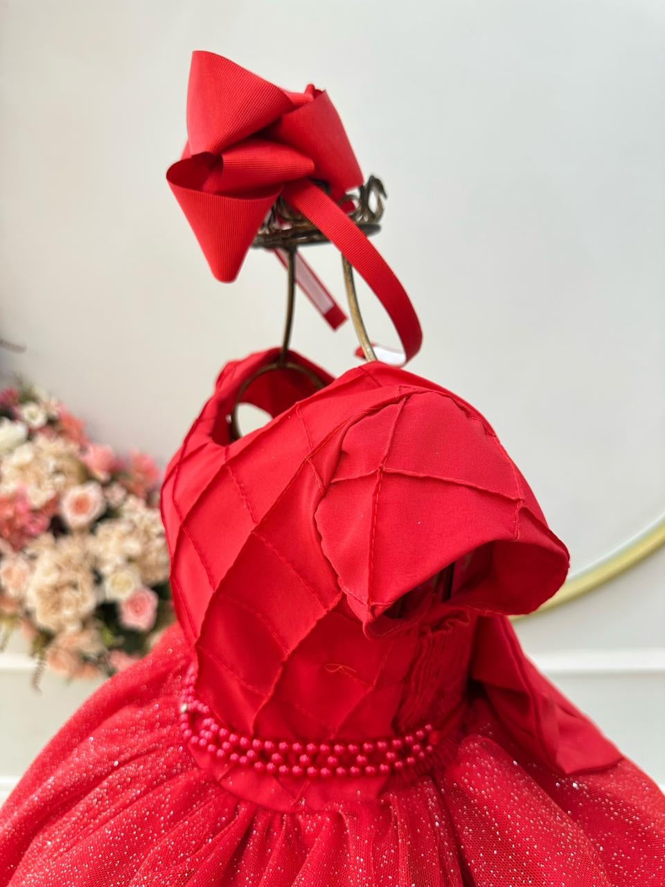 Vestido Infantil Vermelho C/ Busto Nervura Daminhas Festas