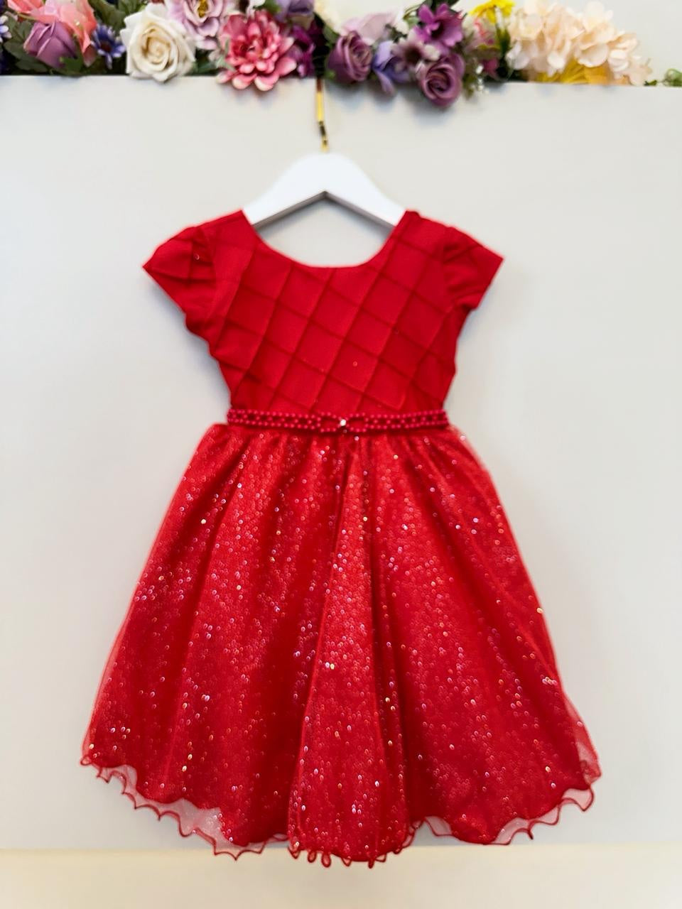 Vestido Infantil Vermelho C/ Busto Nervura Daminhas Festas