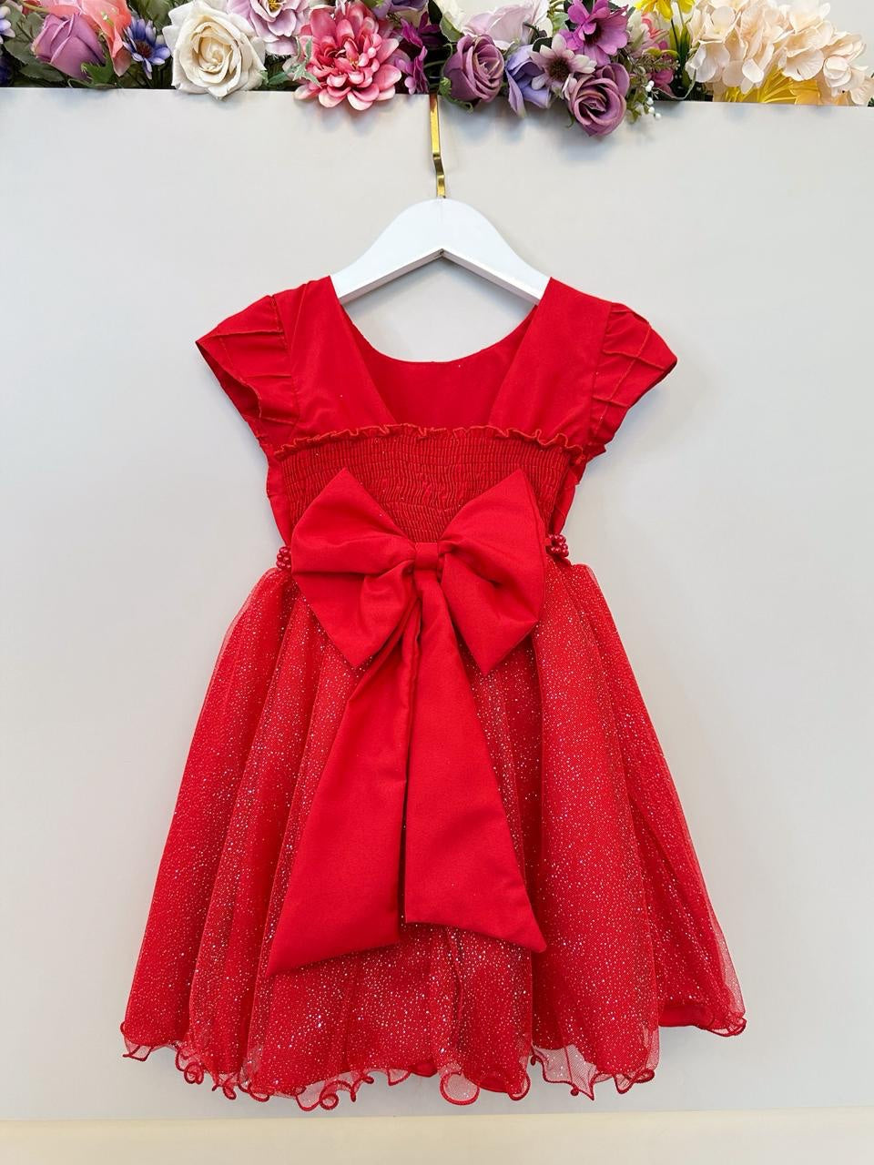 Vestido Infantil Vermelho C/ Busto Nervura Daminhas Festas