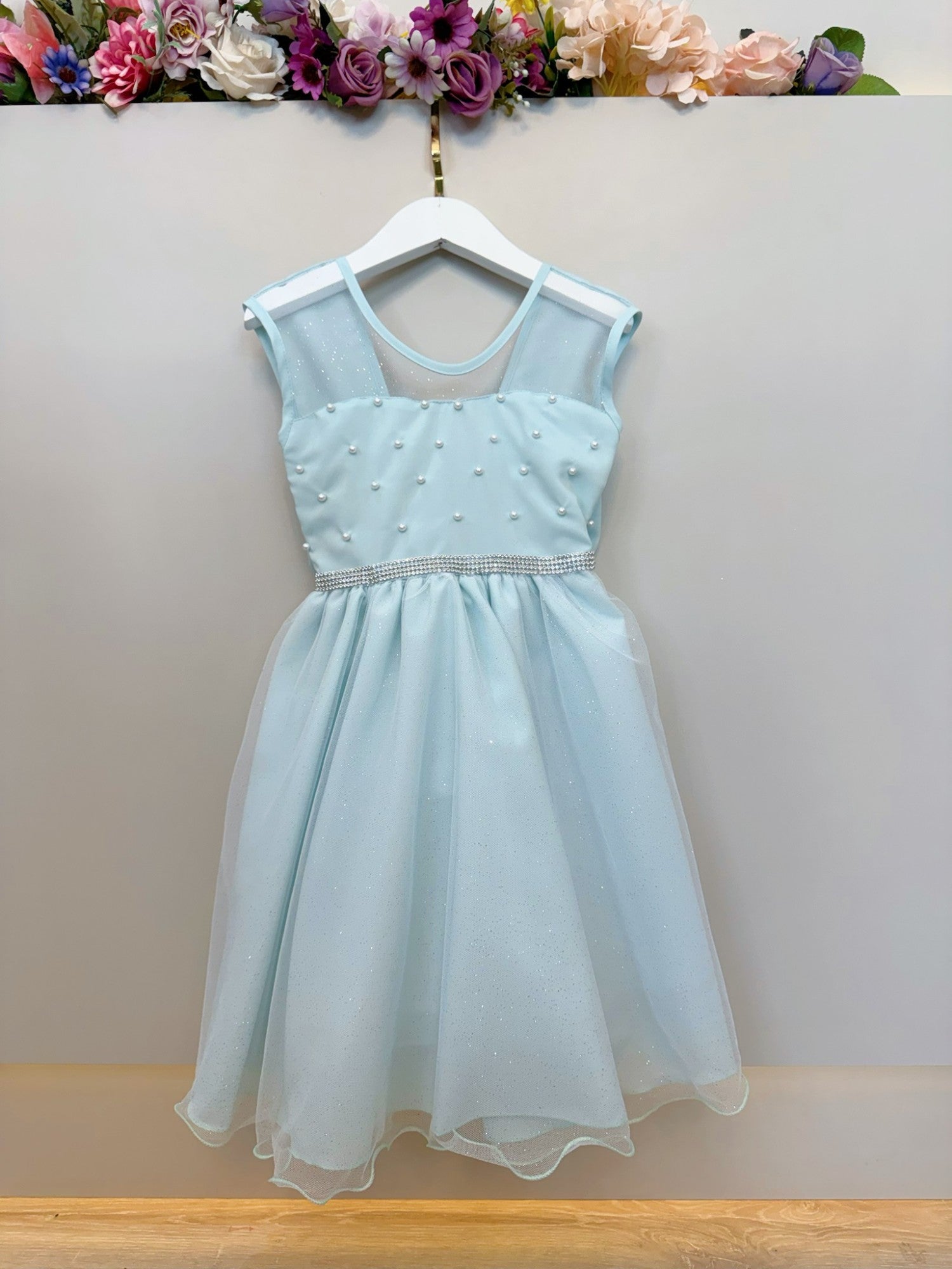 Vestido Infantil Verde Claro Pérolas Saia C/ Glitter Daminhas