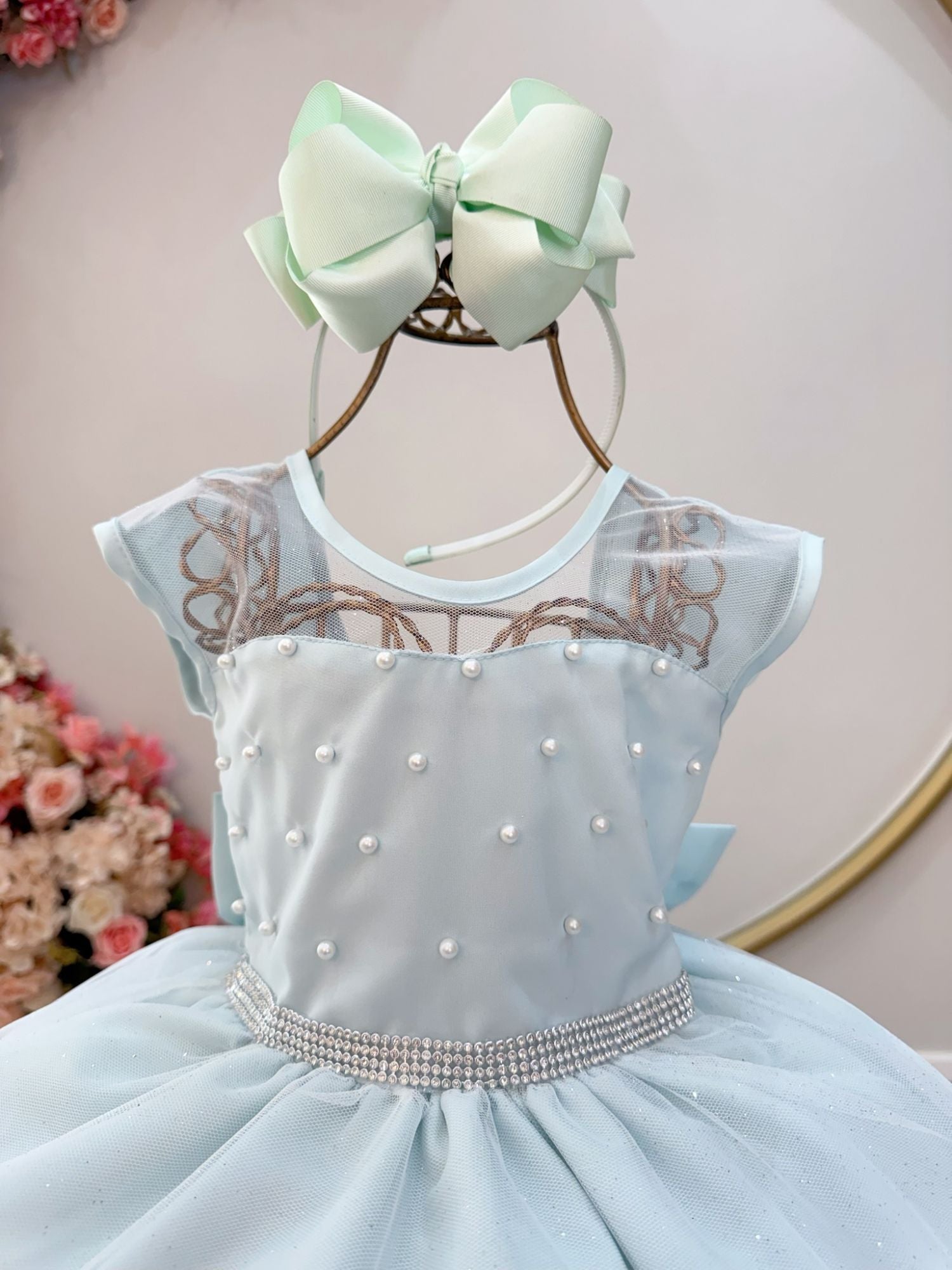 Vestido Infantil Verde Claro Pérolas Saia C/ Glitter Daminhas