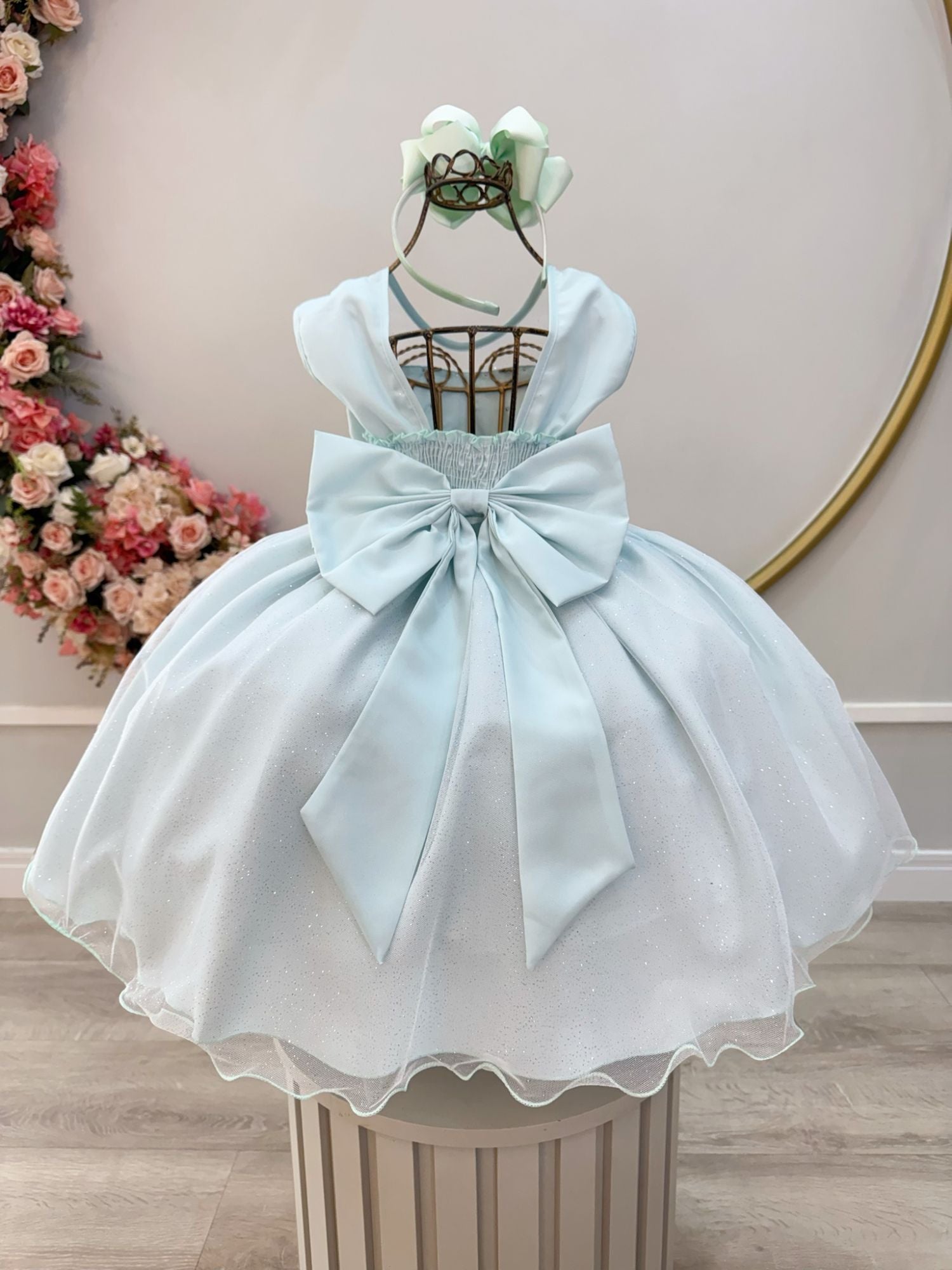 Vestido Infantil Verde Claro Pérolas Saia C/ Glitter Daminhas