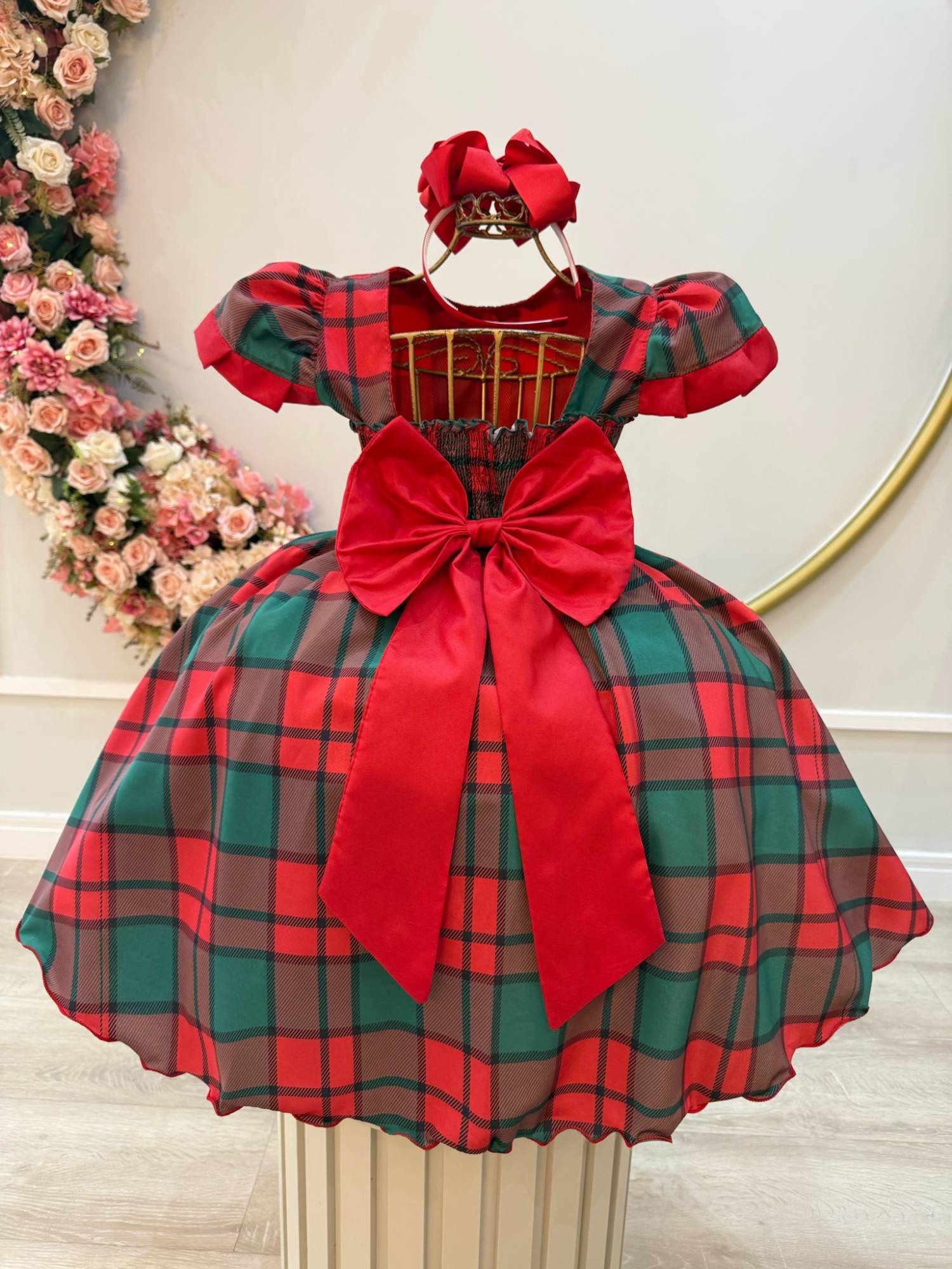 Vestido Infantil Vermelho Xadrez Colorido Festas Natal Luxo