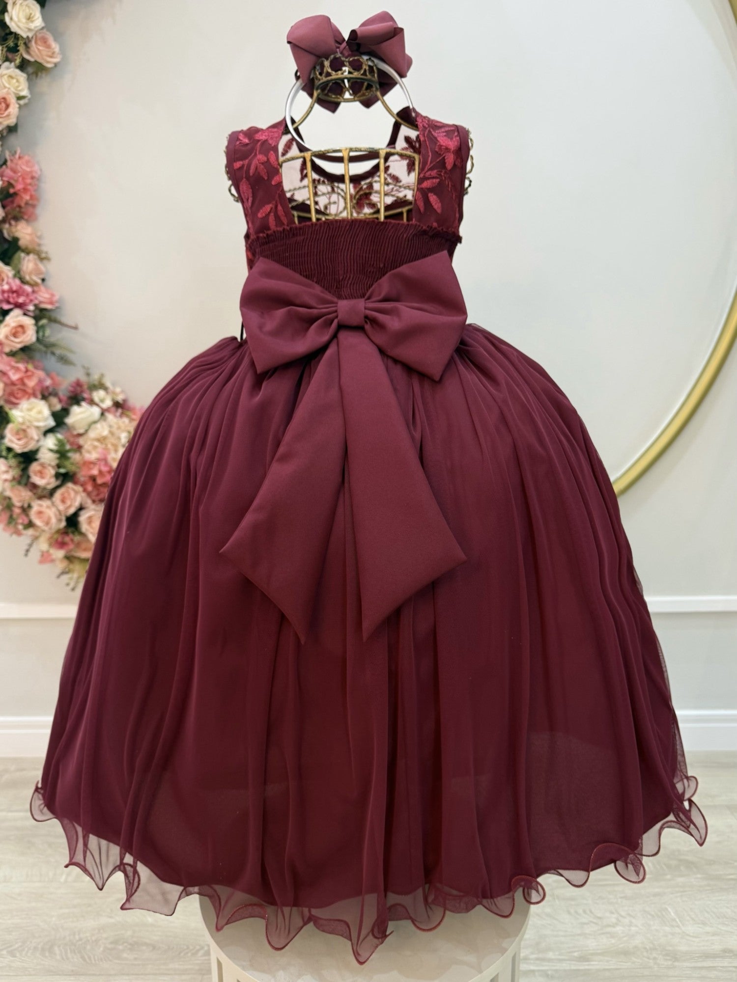 Vestido Infantil Longo Marsala C/ Renda Casamentos Festas