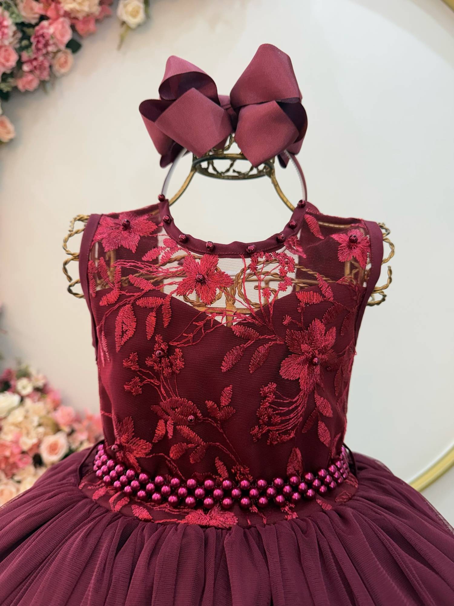 Vestido Infantil Longo Marsala C/ Renda Casamentos Festas