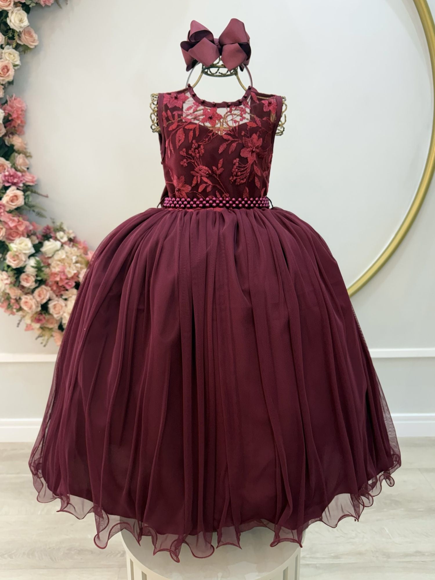 Vestido Infantil Longo Marsala C/ Renda Casamentos Festas