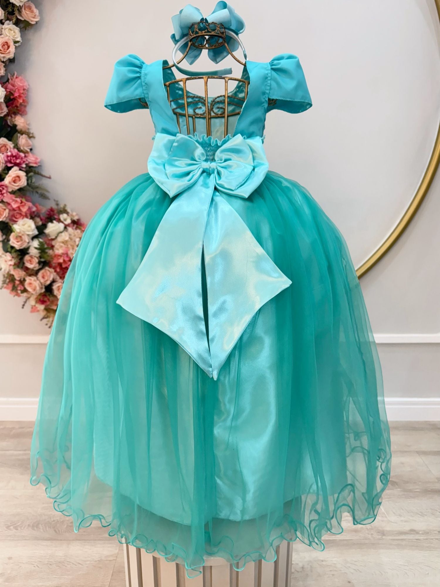 Vestido Infantil Longo Verde Com Pérolas e Strass Daminhas