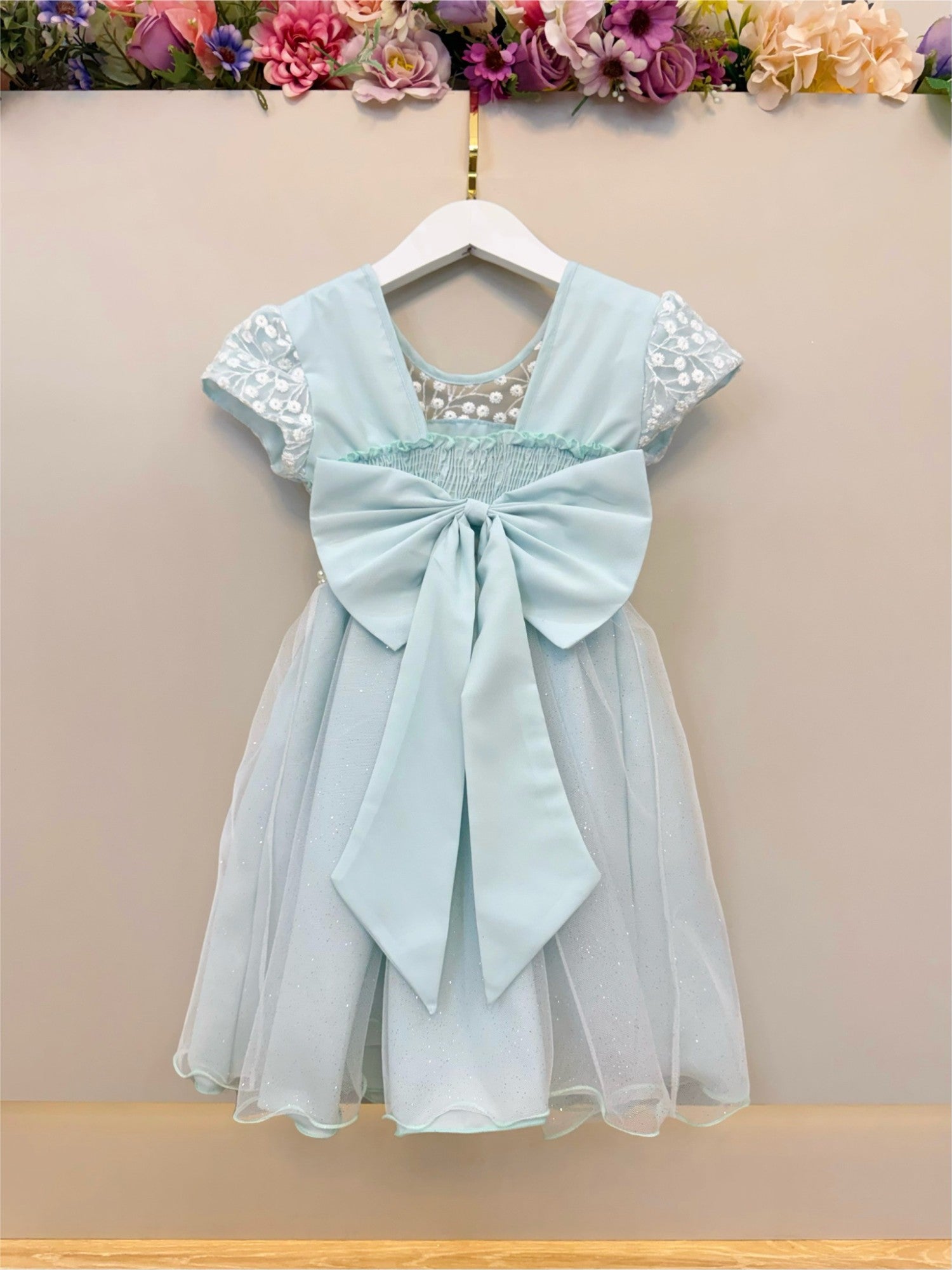 Vestido Infantil Verde Claro Tule Bordado com Glitter Daminhas