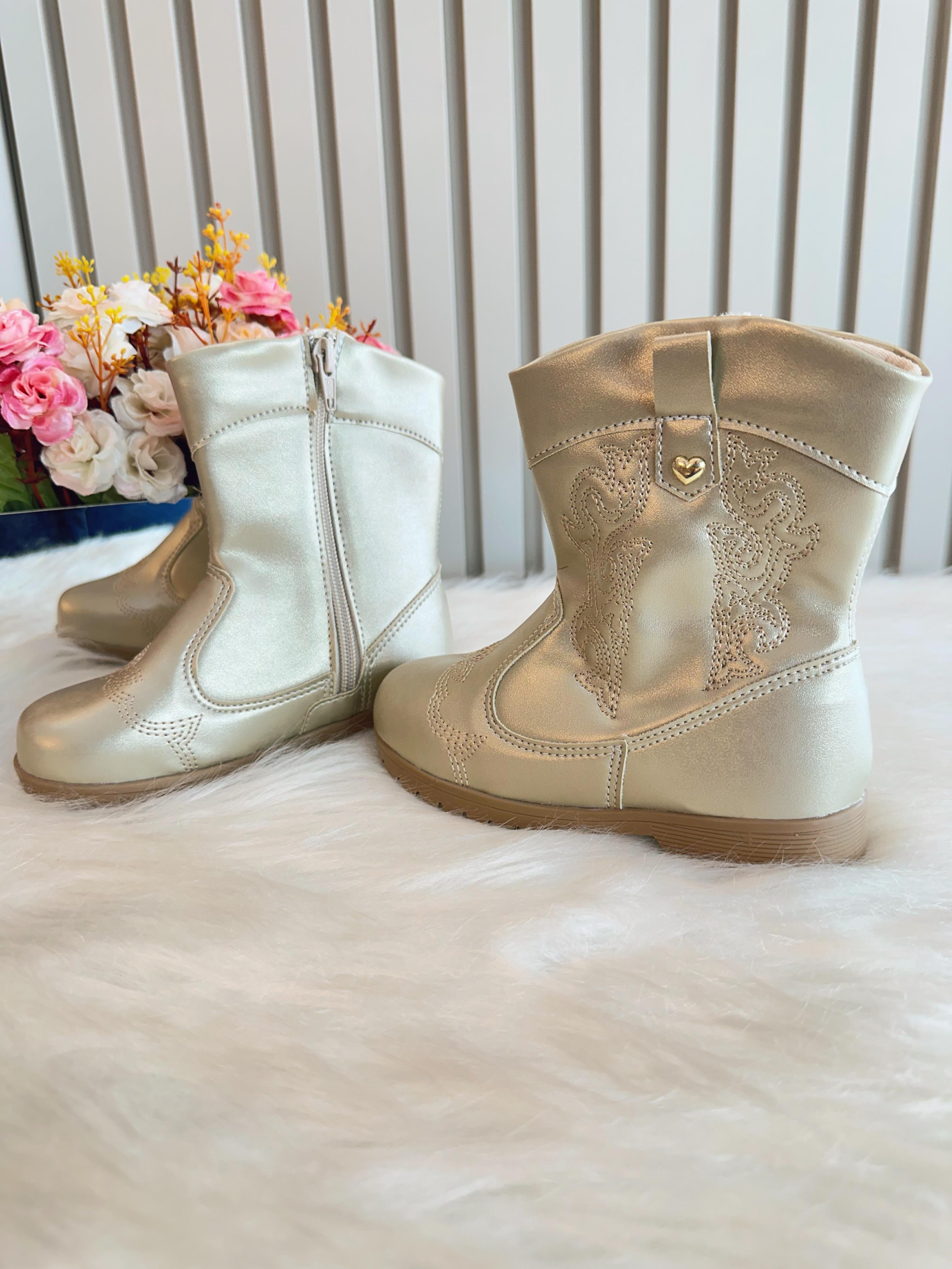 Bota infantil Boiadeira Texana Dourado Com Zíper Luxo