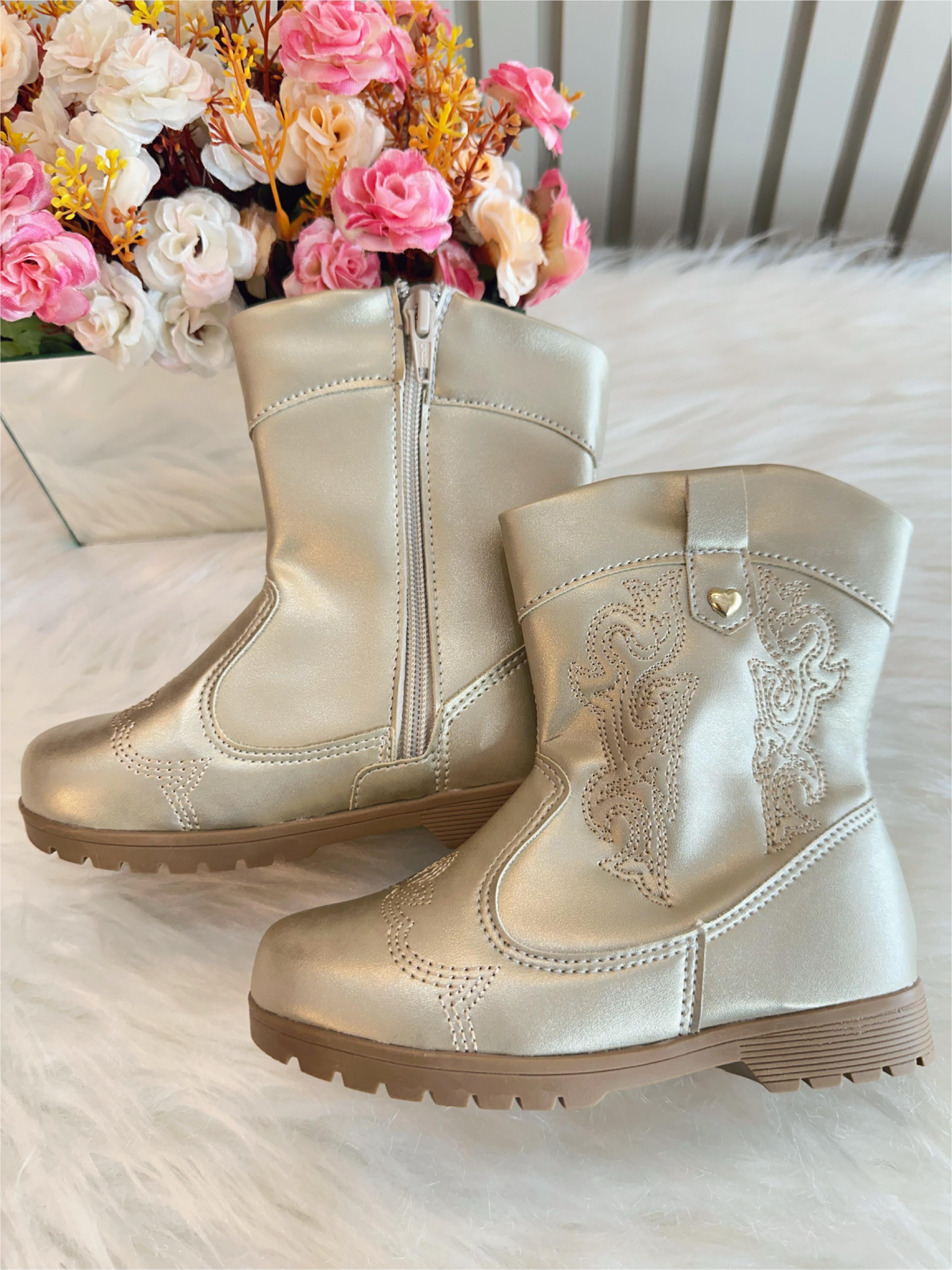Bota infantil Boiadeira Texana Dourado Com Zíper Luxo