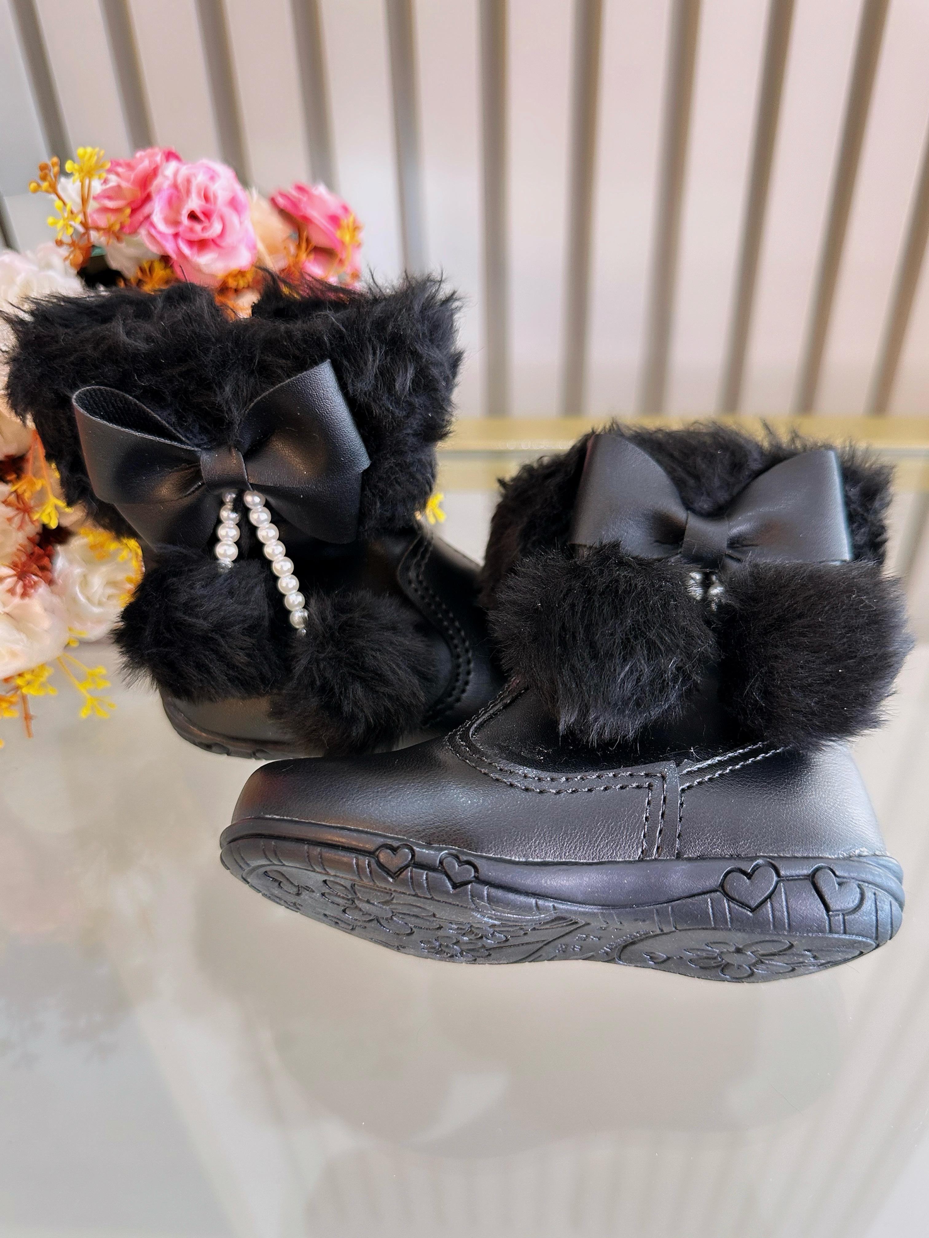 Botinha Infantil Preto Laço e Pompom Com Zíper Super Luxo