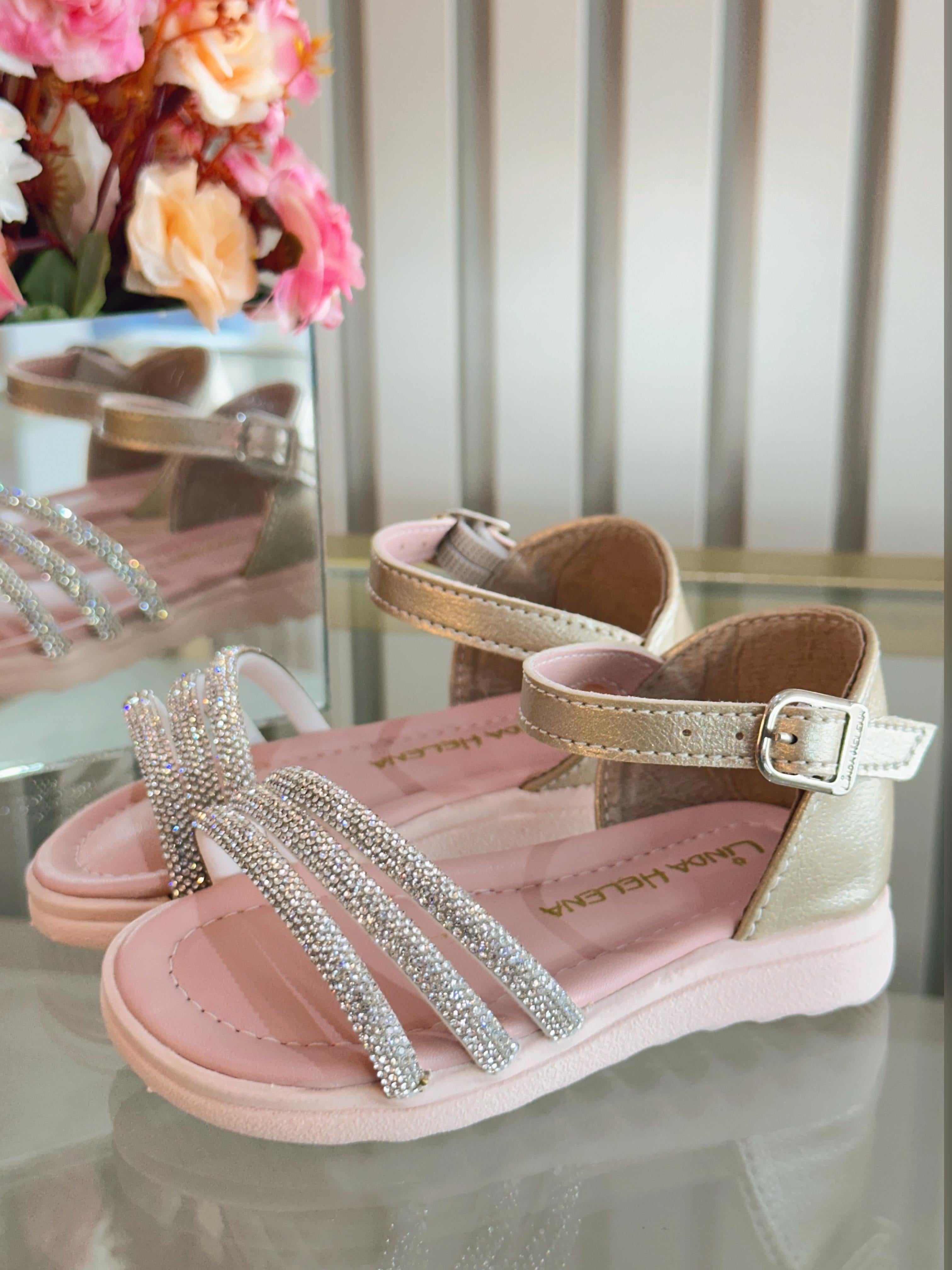 Sandália Infantil Dourada Com Brilho Strass Luxo