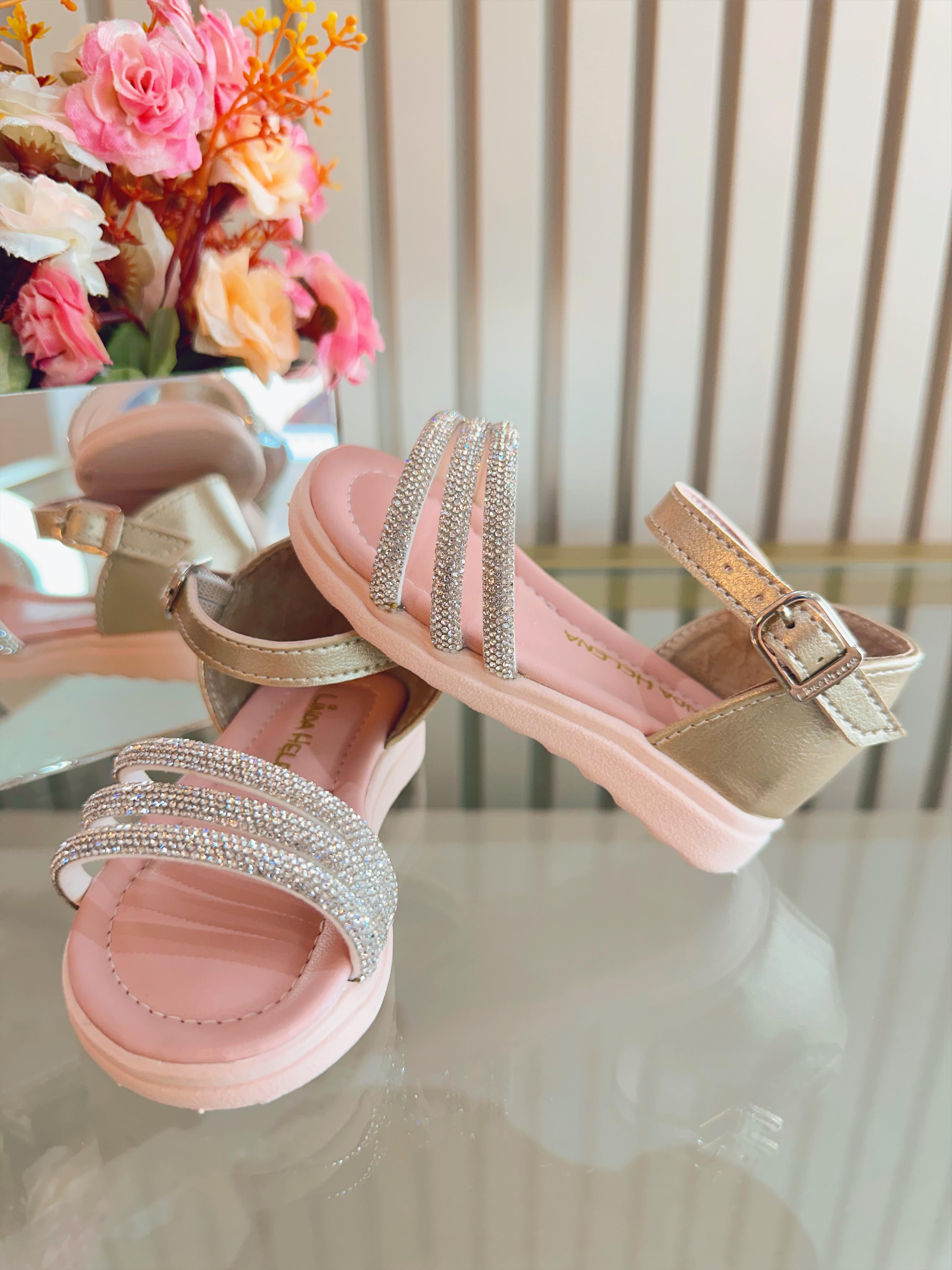 Sandália Infantil Dourada Com Brilho Strass Luxo