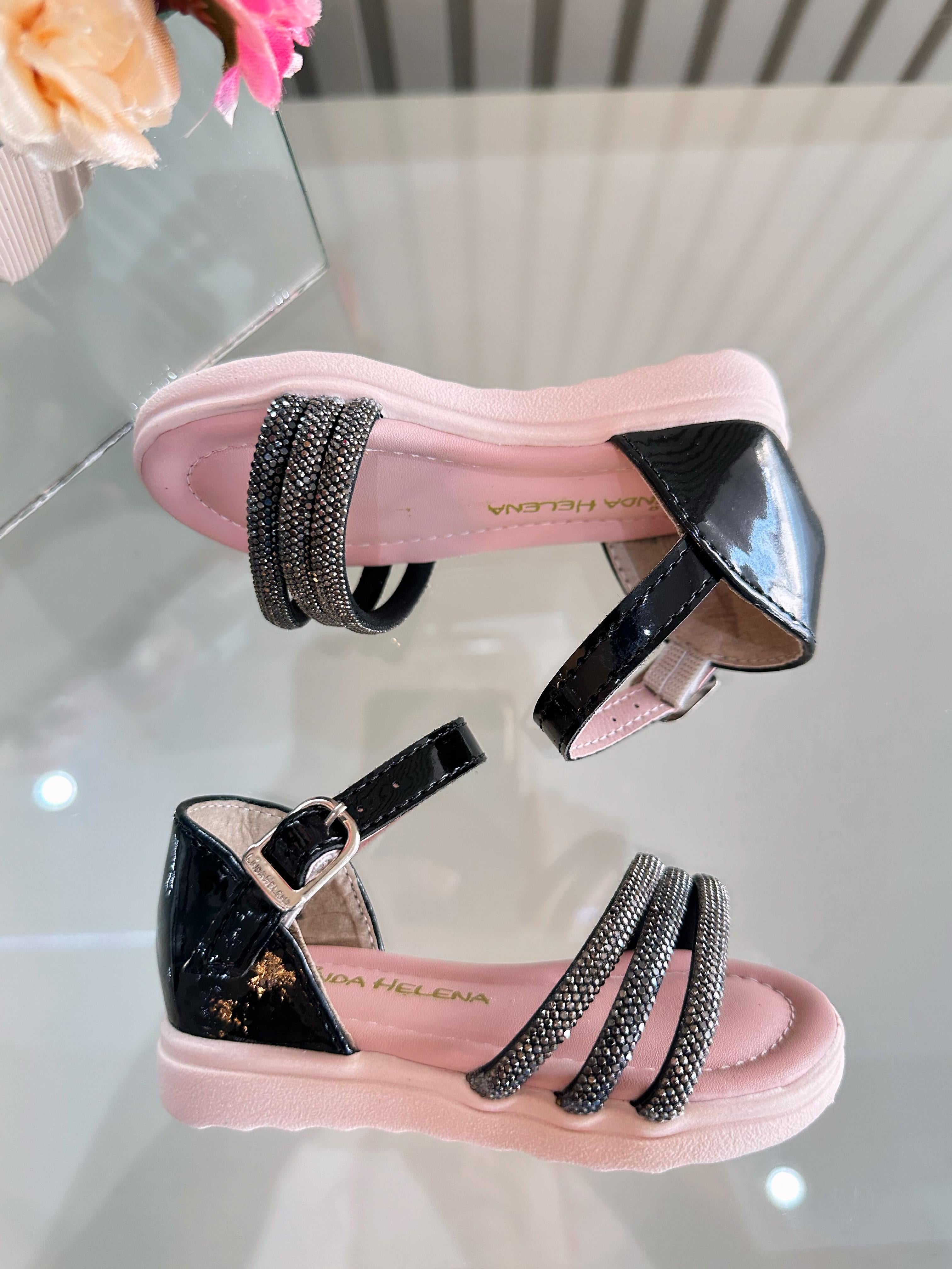 Sandália Infantil Preto Verniz Com Strass Luxo