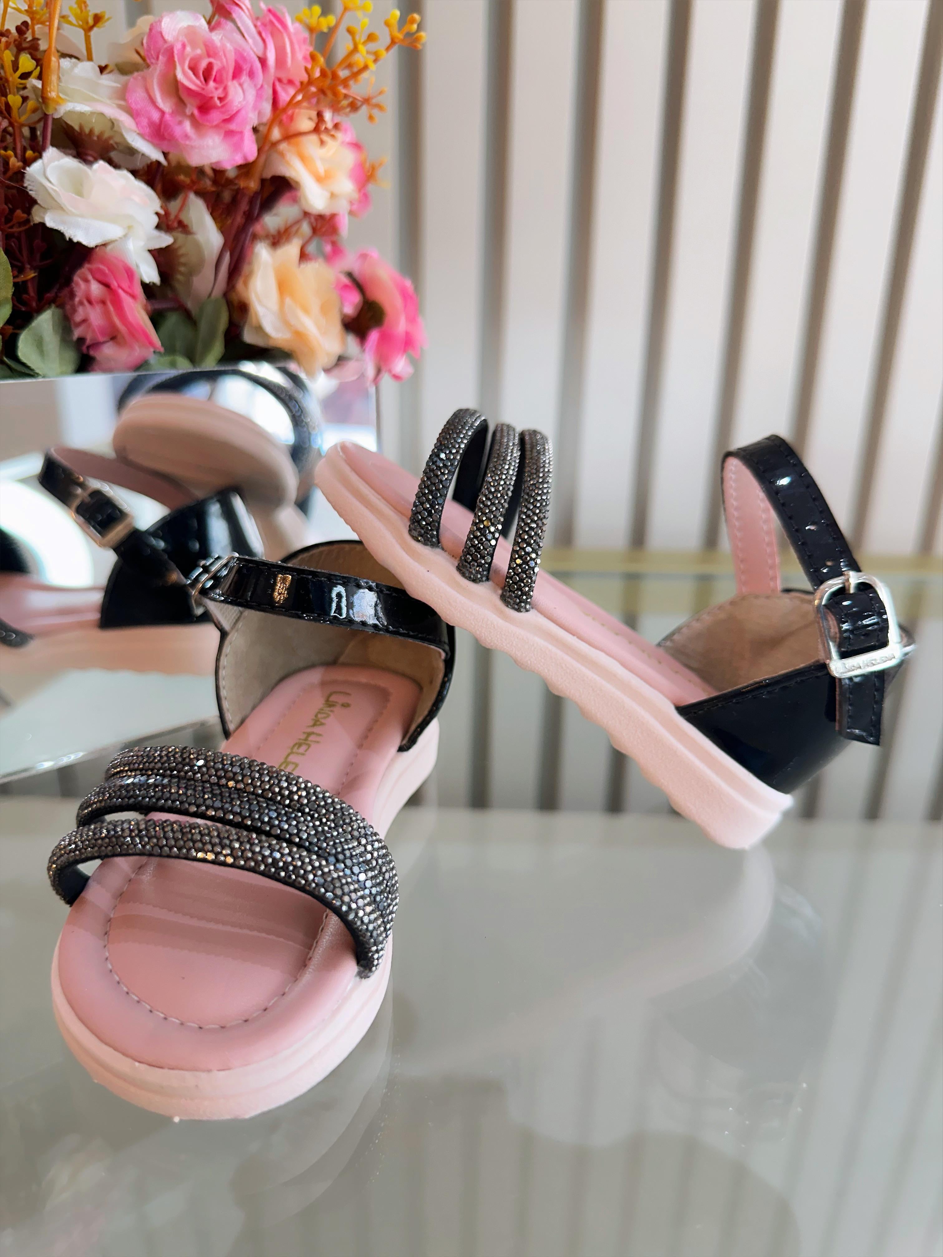 Sandália Infantil Preto Verniz Com Strass Luxo