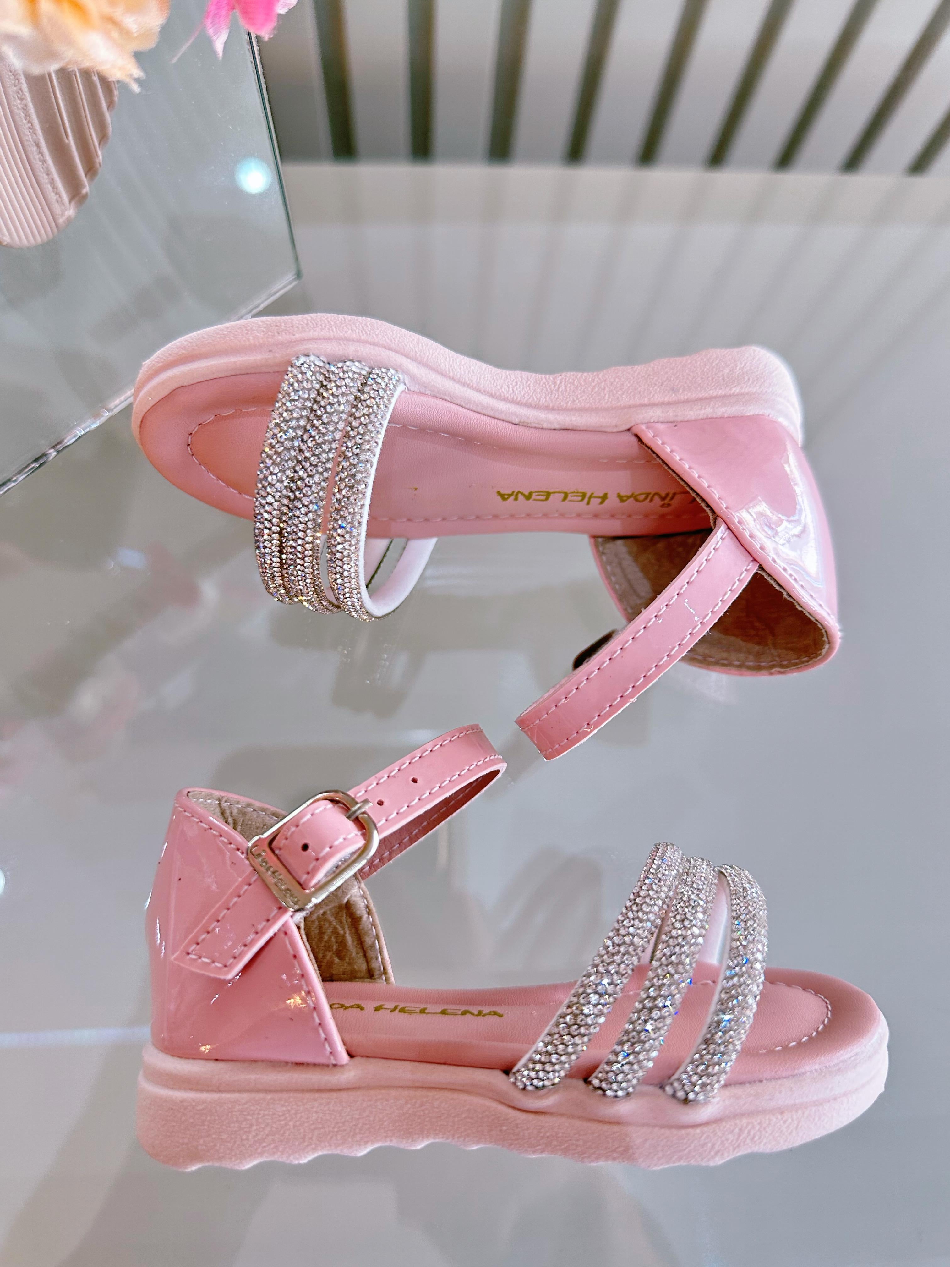 Sandália Infantil Rosa Verniz Com Brilho Strass Luxo