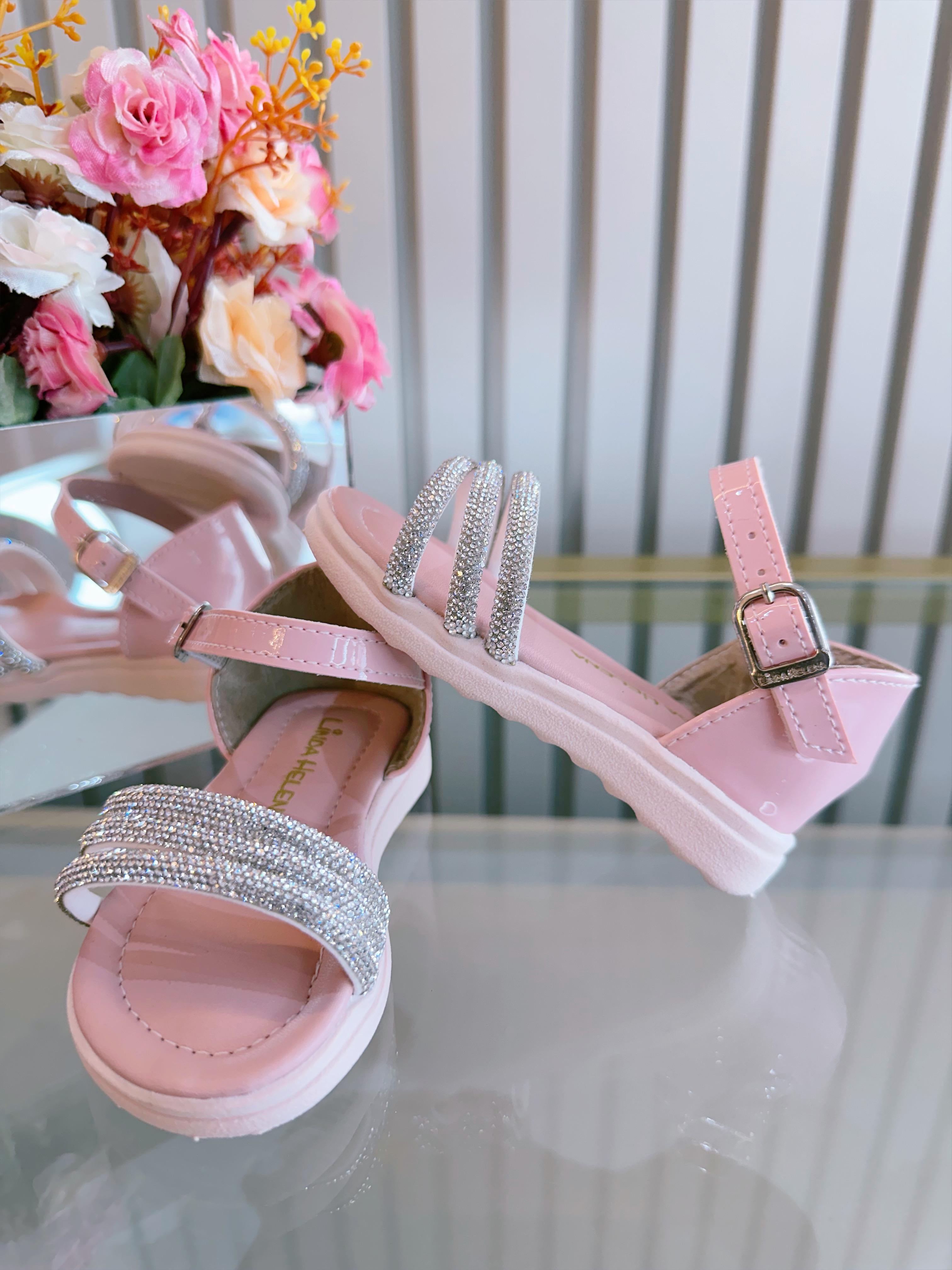 Sandália Infantil Rosa Verniz Com Brilho Strass Luxo