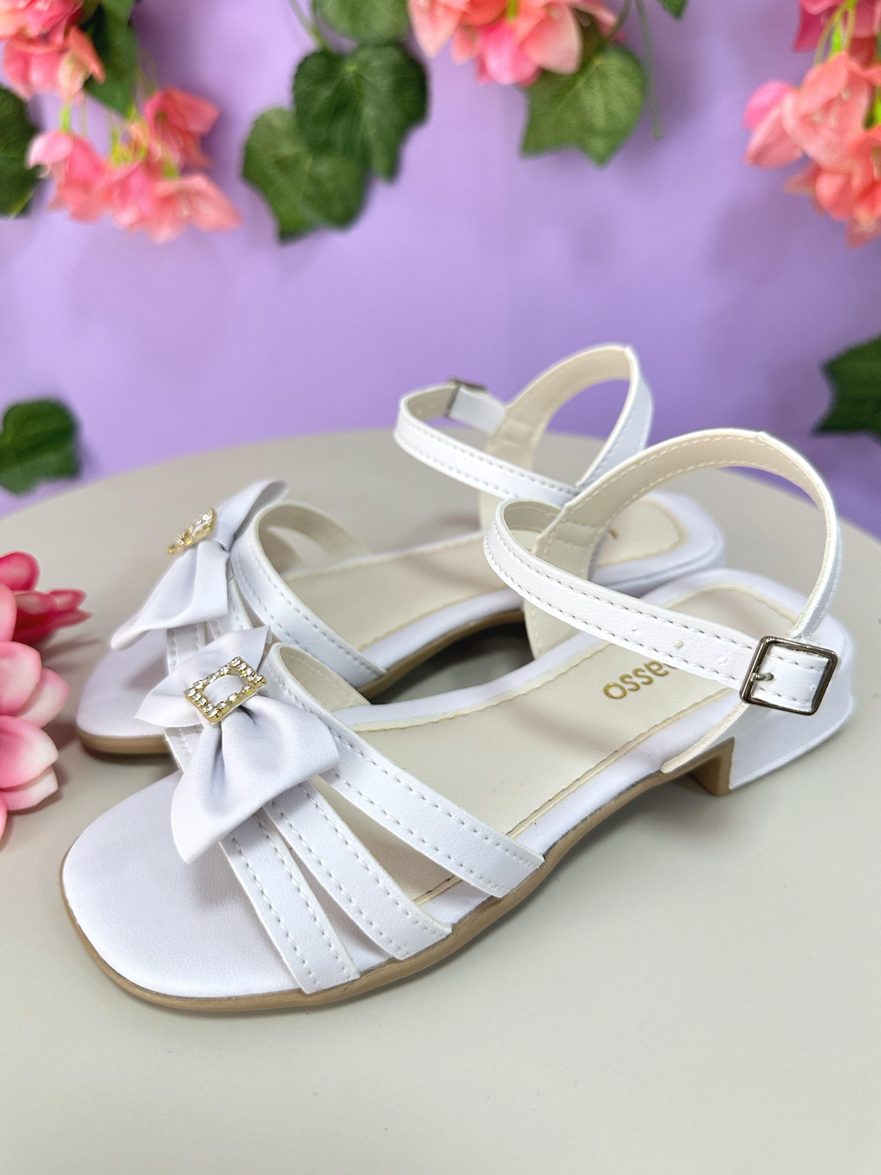 Sandália Infantil de Tiras Branco Com Laço e Strass Luxo