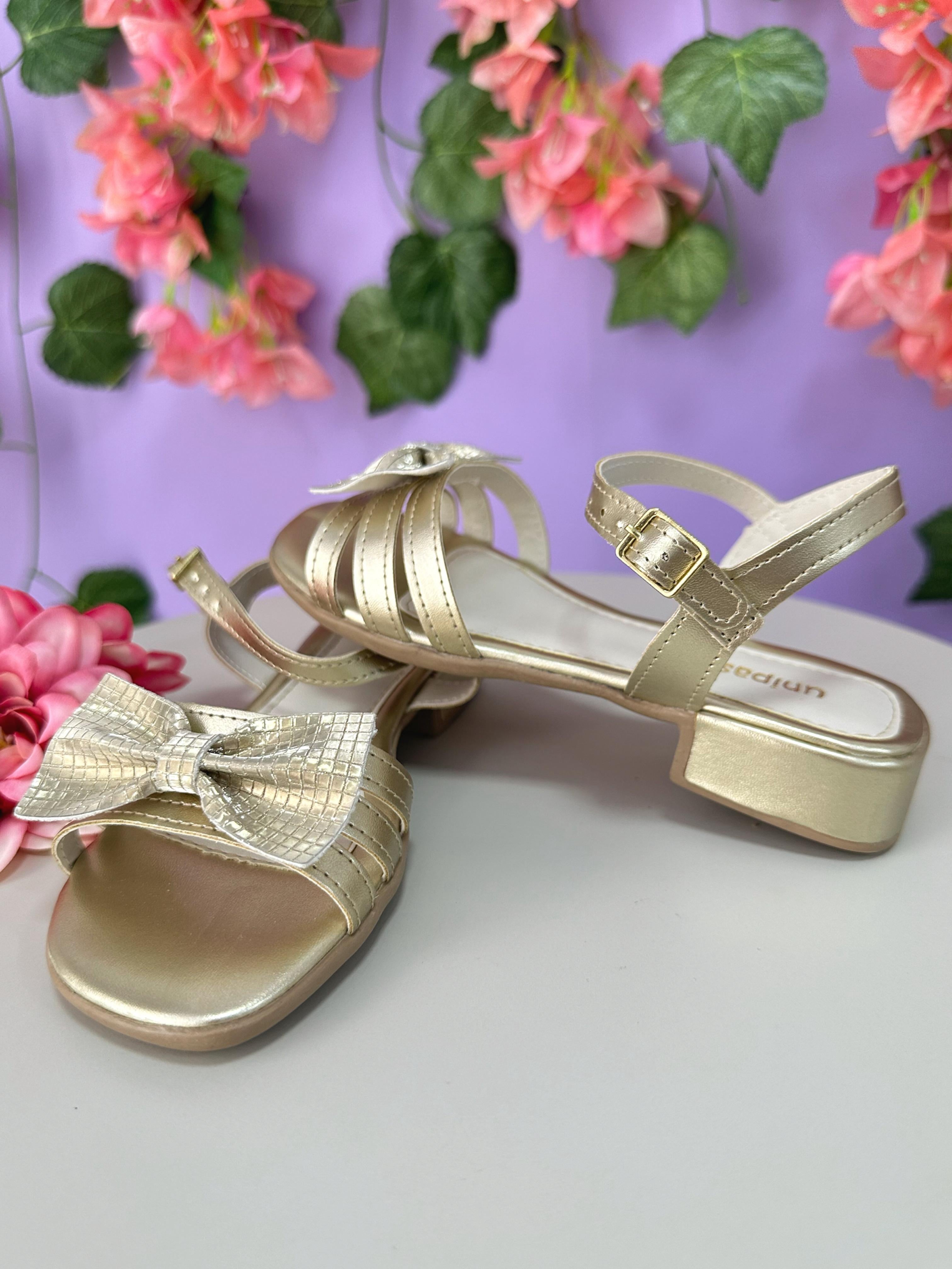 Sandália Infantil de Tiras Dourado Com Laço e Gltter Luxo