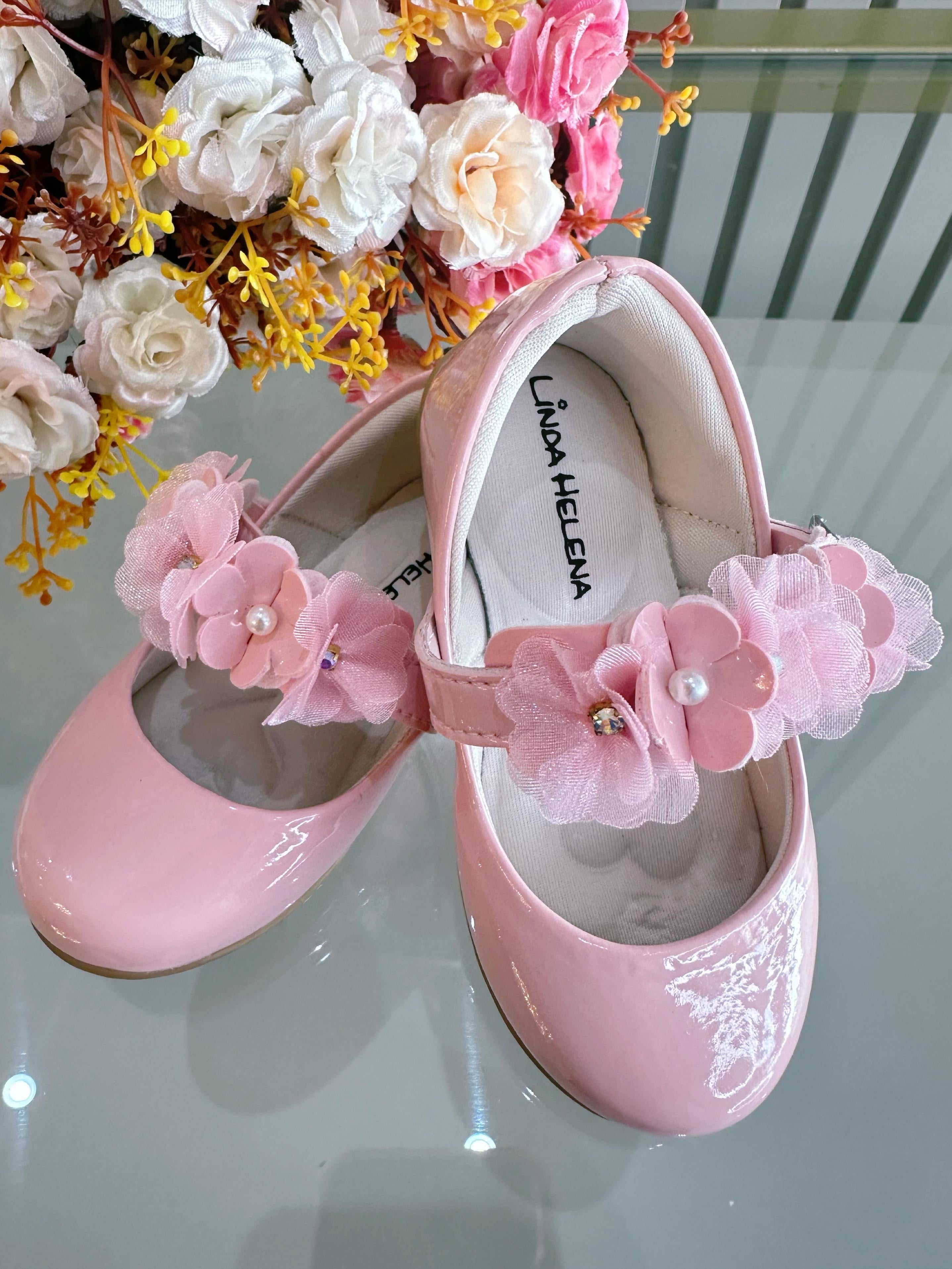 Sapatinho Infantil Rosa Verniz Com Aplique de Flores Luxo