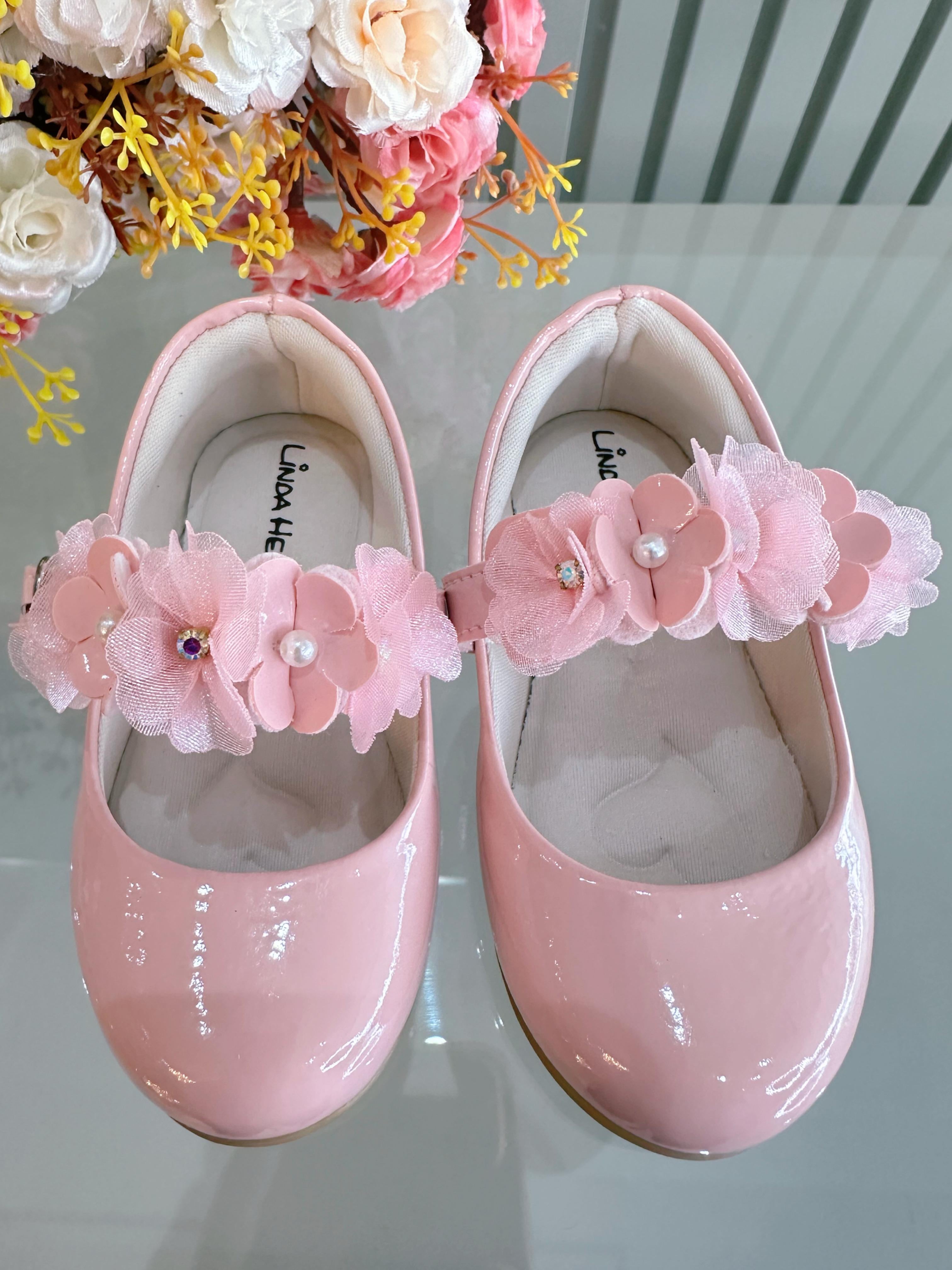 Sapatinho Infantil Rosa Verniz Com Aplique de Flores Luxo